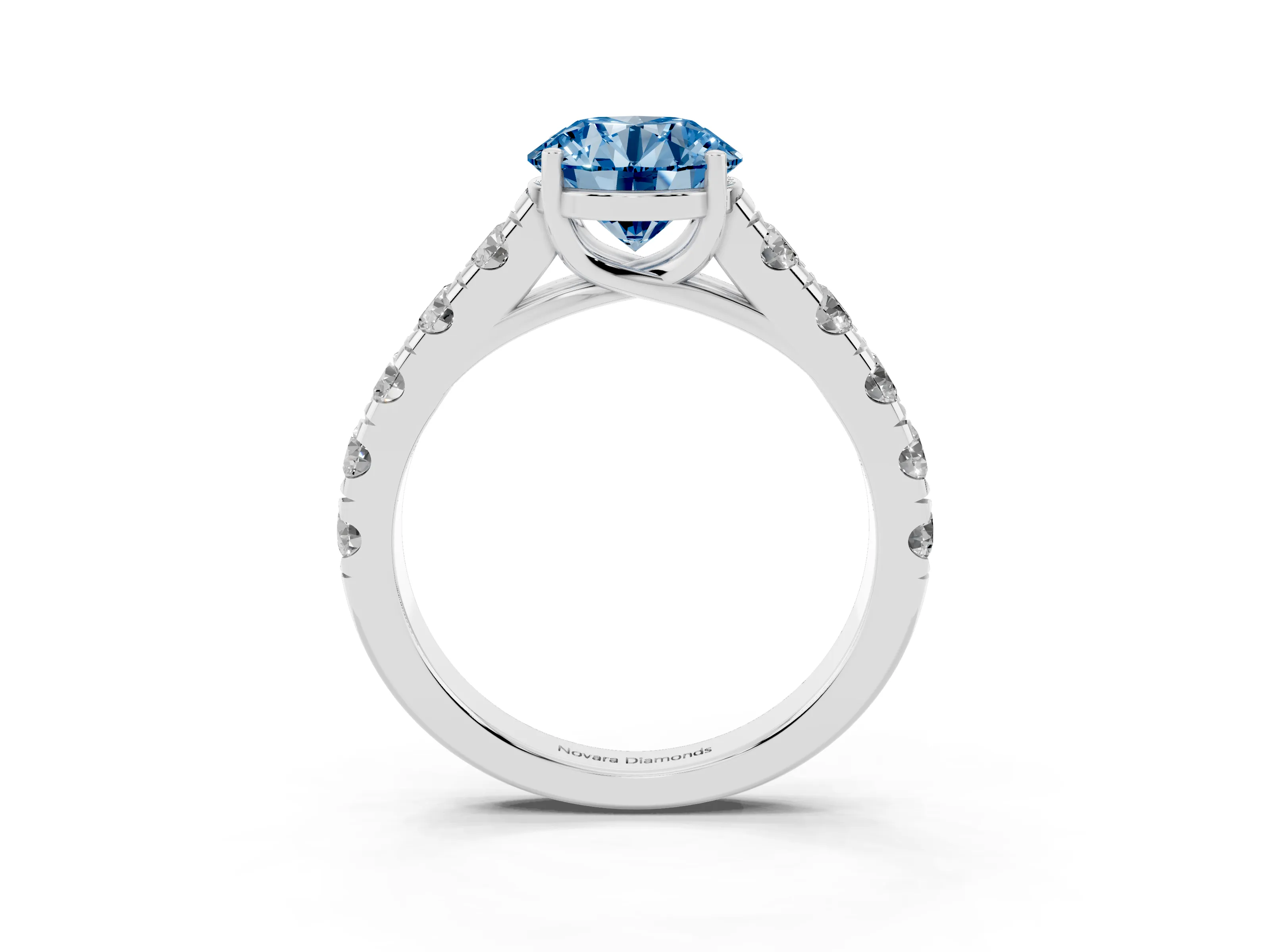 Fancy Blue Round Cut Diamond Solitaire Ring Set in Platinum with Cut-Down Micro Pavé Band and Prong Setting