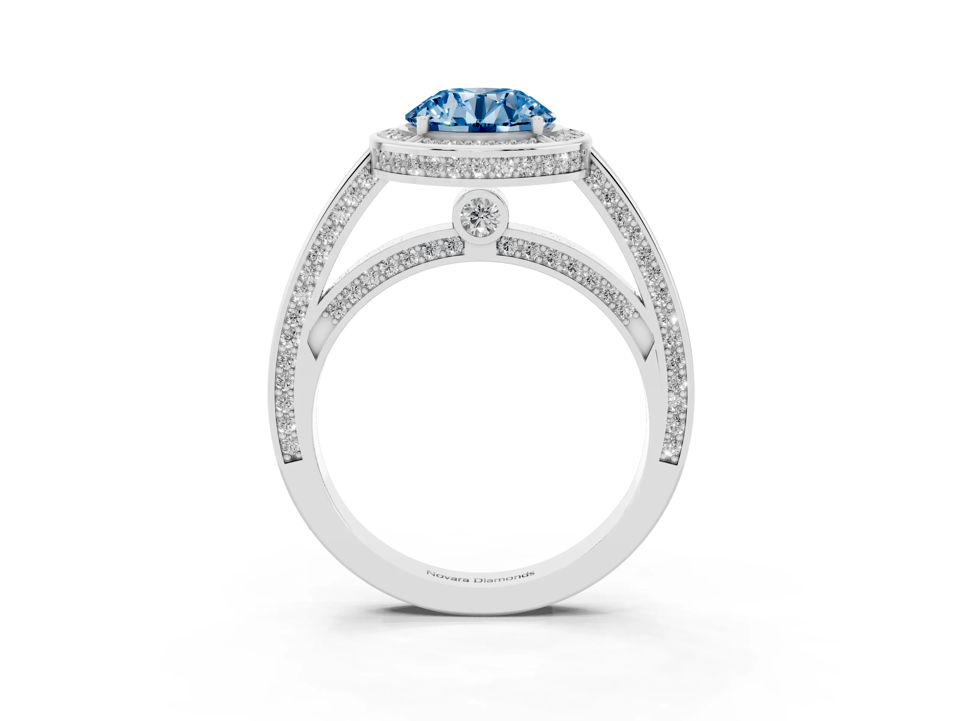 Fancy Blue Round Cut Diamond Halo Pavé Split Shank Ring Set in Platinum with Prong Setting