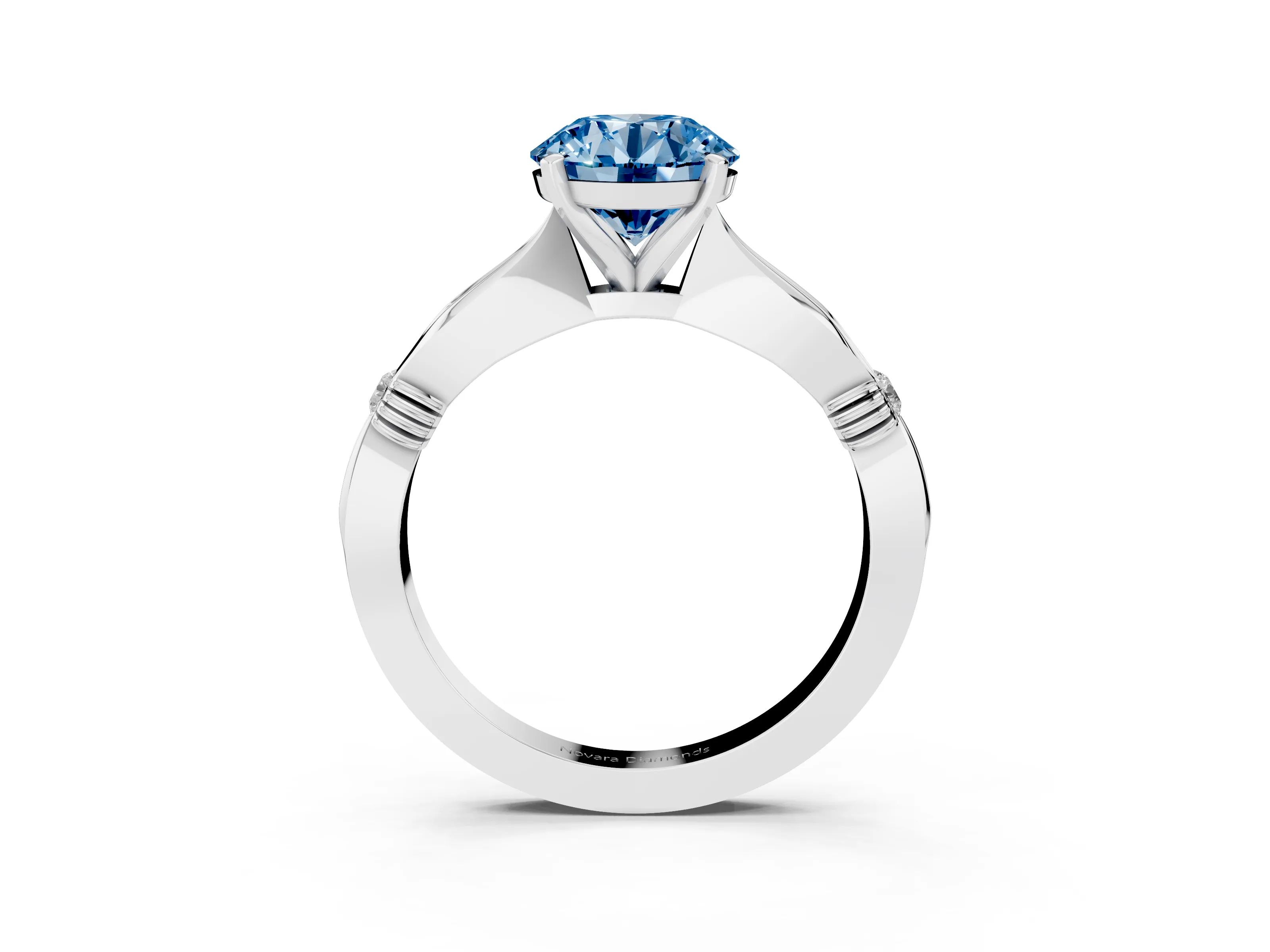Fancy Blue Round Cut Diamond Solitaire Twisted Band Ring Set in Silver with Accent Stones and Prong Setting