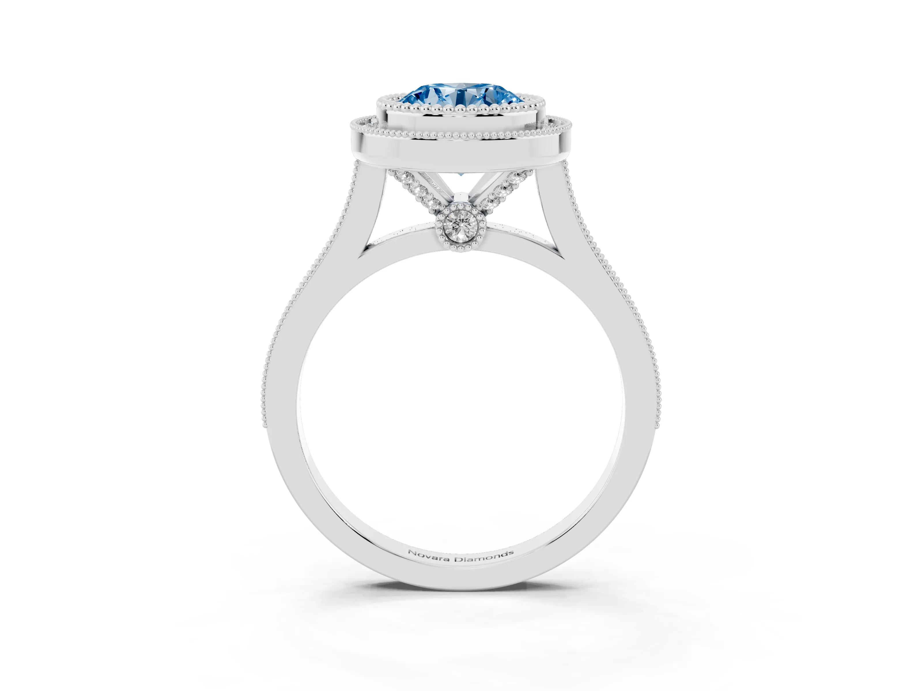 Fancy Blue Round Cut Diamond Halo Ring Set in Silver with Milgrain Frame and Pavé Band
