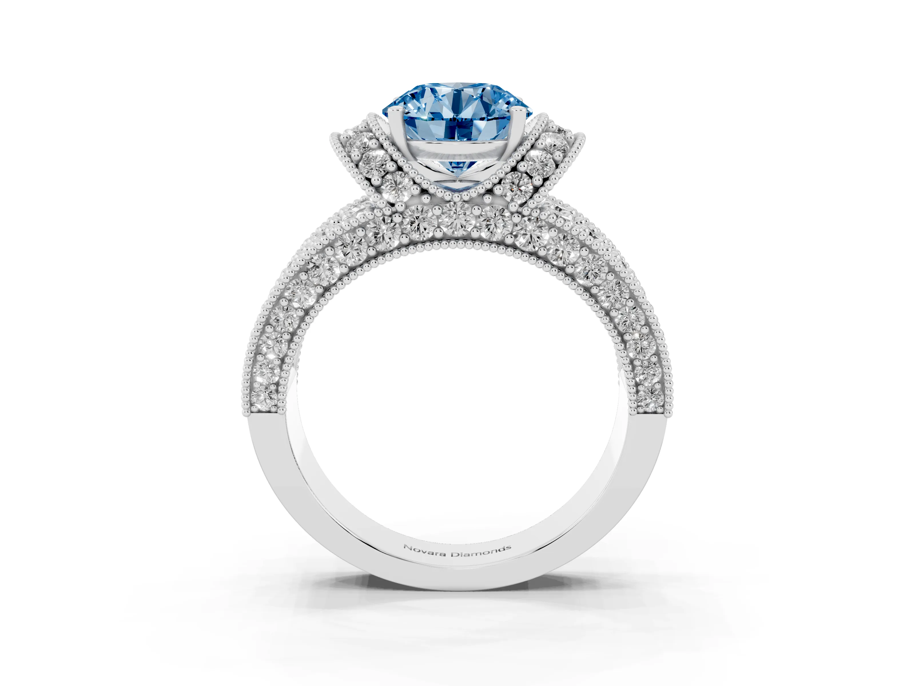 Fancy Blue Round Cut Diamond Milgrain Halo Pavé Engagement Ring Set in Platinum with Prong Setting