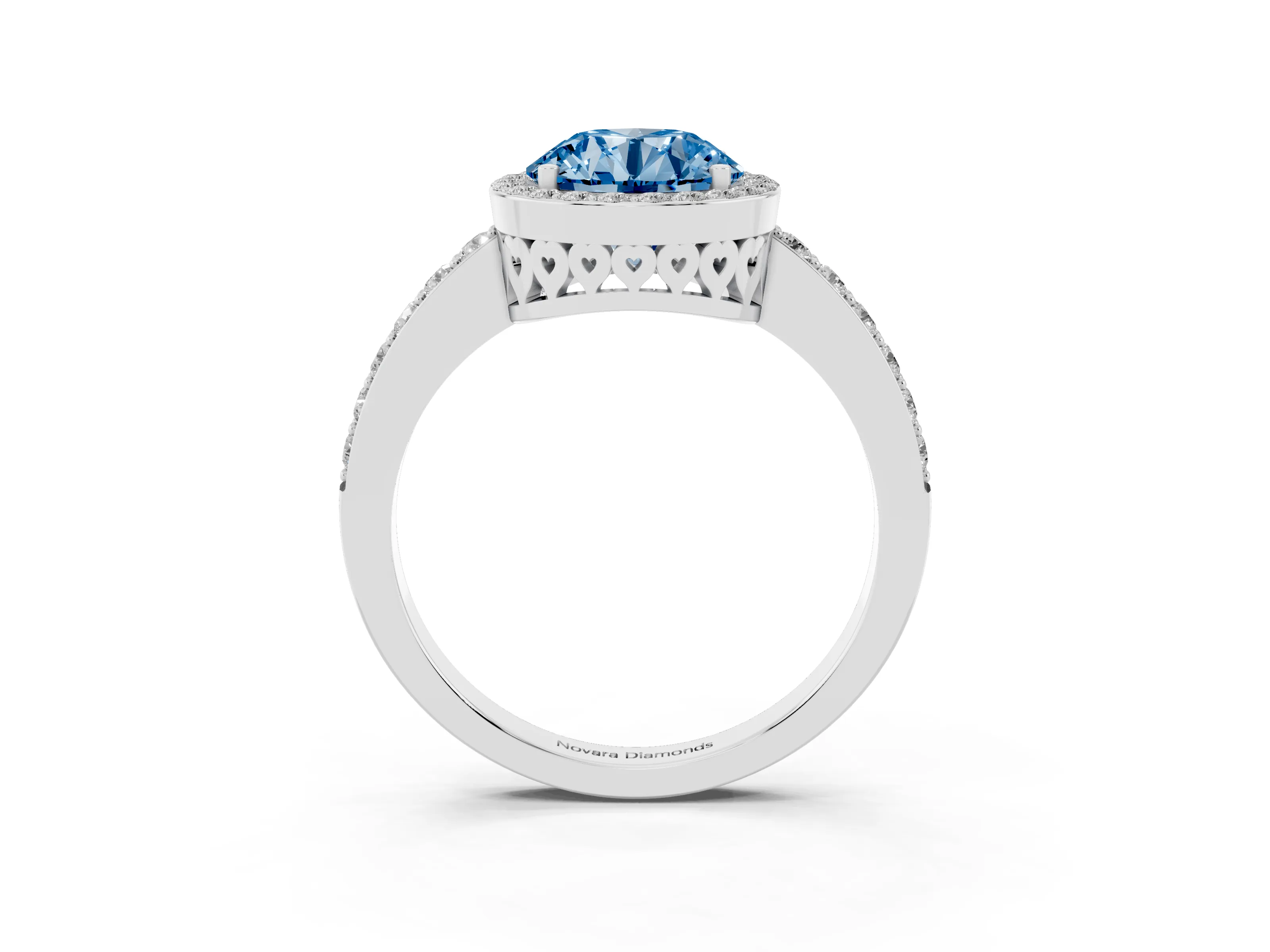 Fancy Blue Round Cut Diamond Halo Ring Set in Platinum with Pavé-Setting Band and Open Prong Center