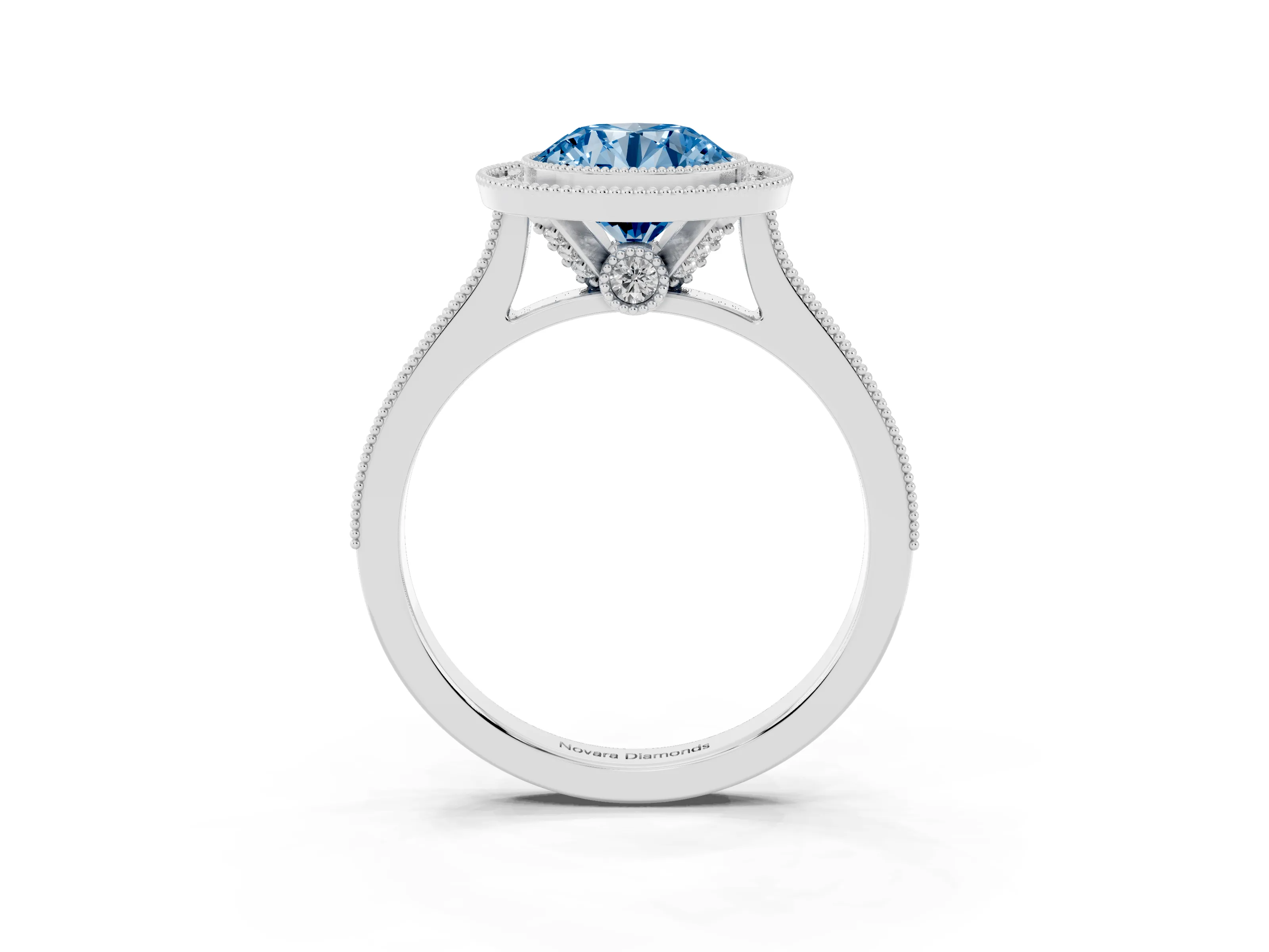 Fancy Blue Round Cut Diamond Halo Milgrain Pavé Band Ring Set in Platinum with Prong Setting