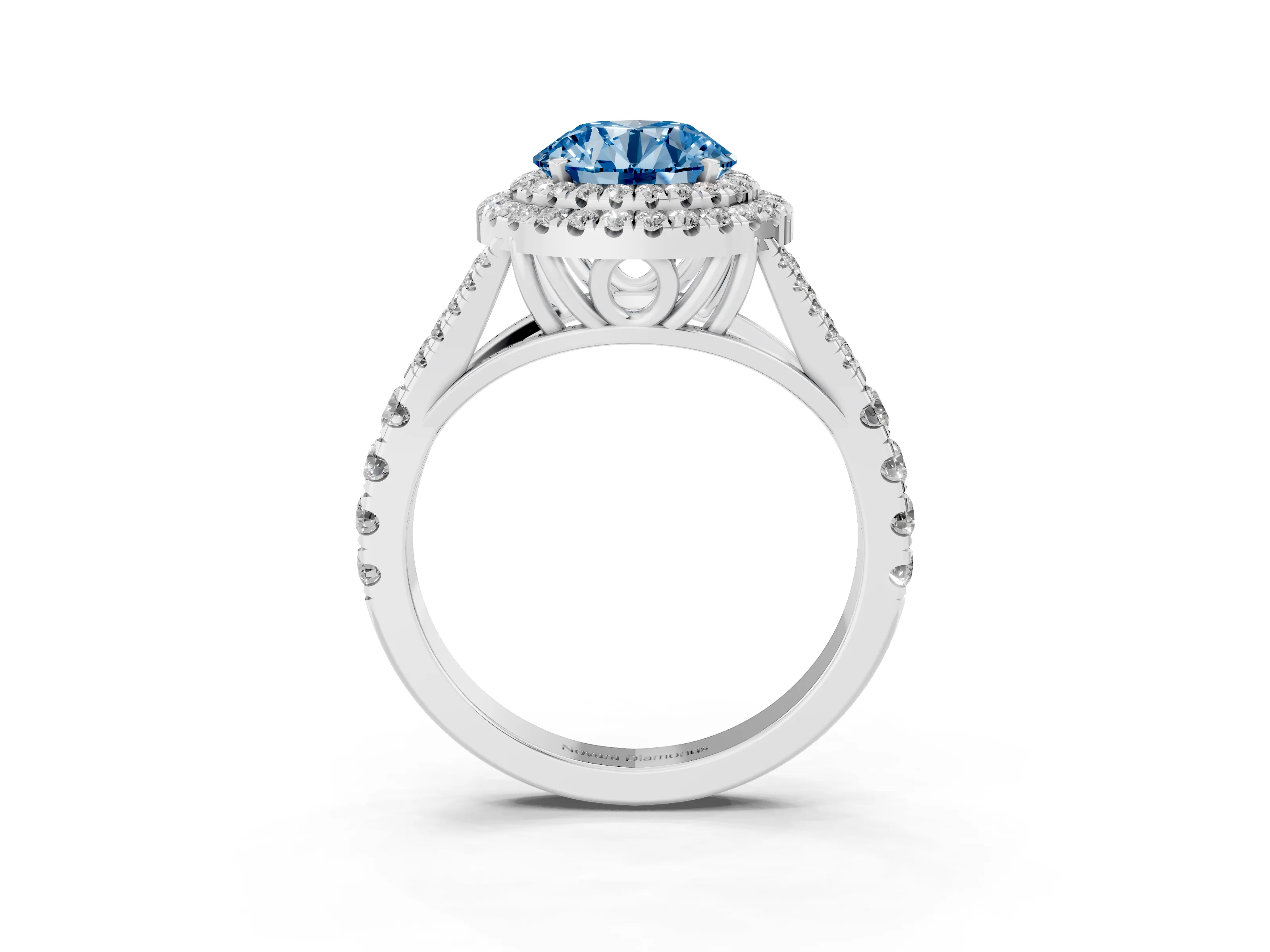 Fancy Blue Round Cut Diamond Pavé Split Shank Double Halo Engagement Ring Set in Silver