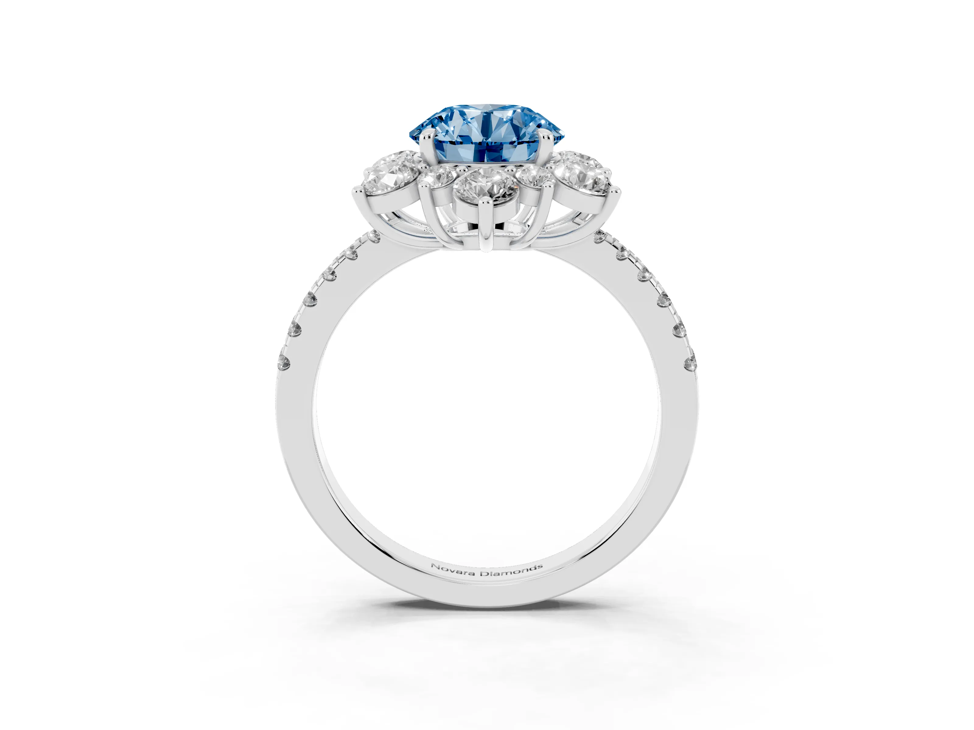 Fancy Blue Round Cut Diamond Floral Halo Ring Set in White gold with Round Pavé Band and Prong Setting