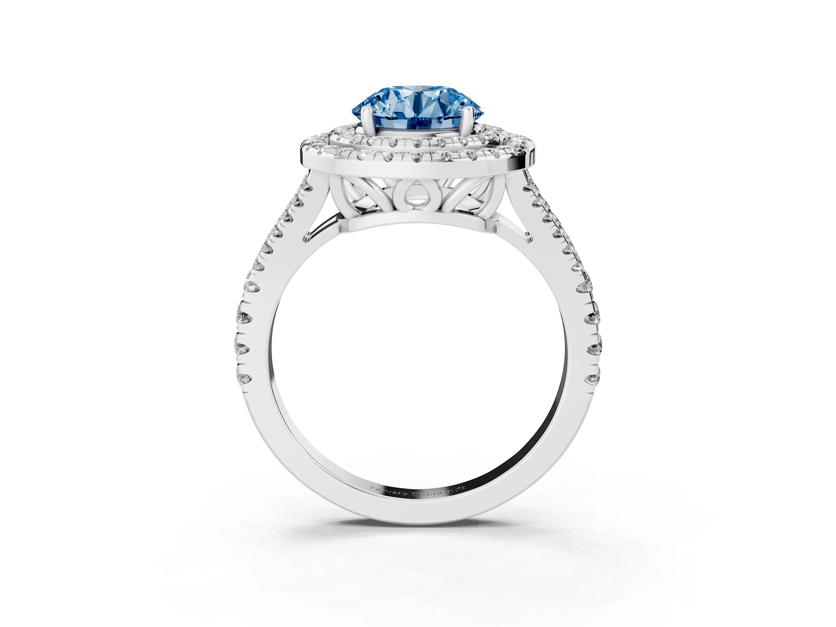 Fancy Blue Round Cut Diamond Double Halo Ring Set in Platinum with Pavé Band