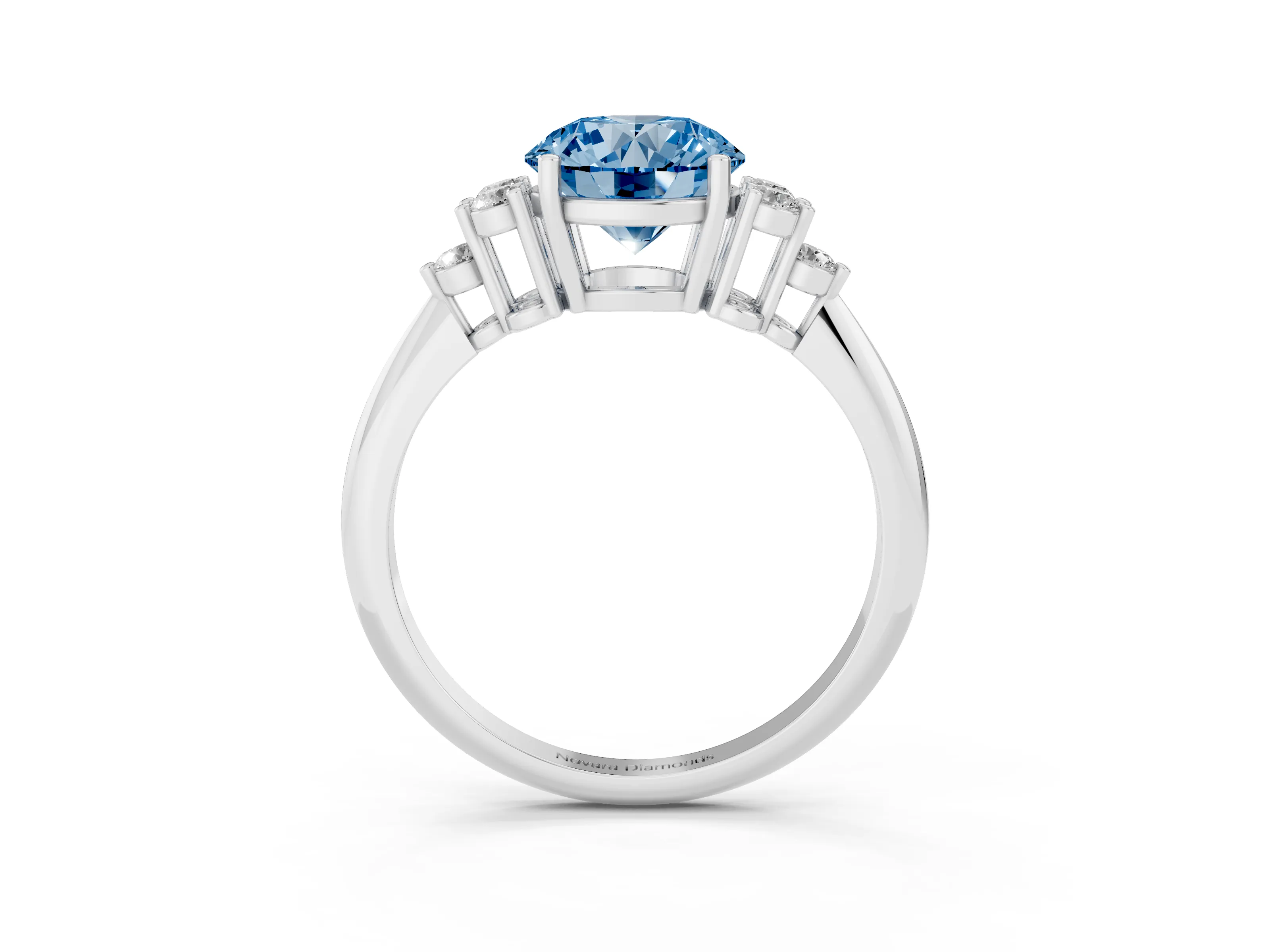 Fancy Blue Round Cut Diamond Cluster Ring Set in Silver with Plain Band and Prong Setting