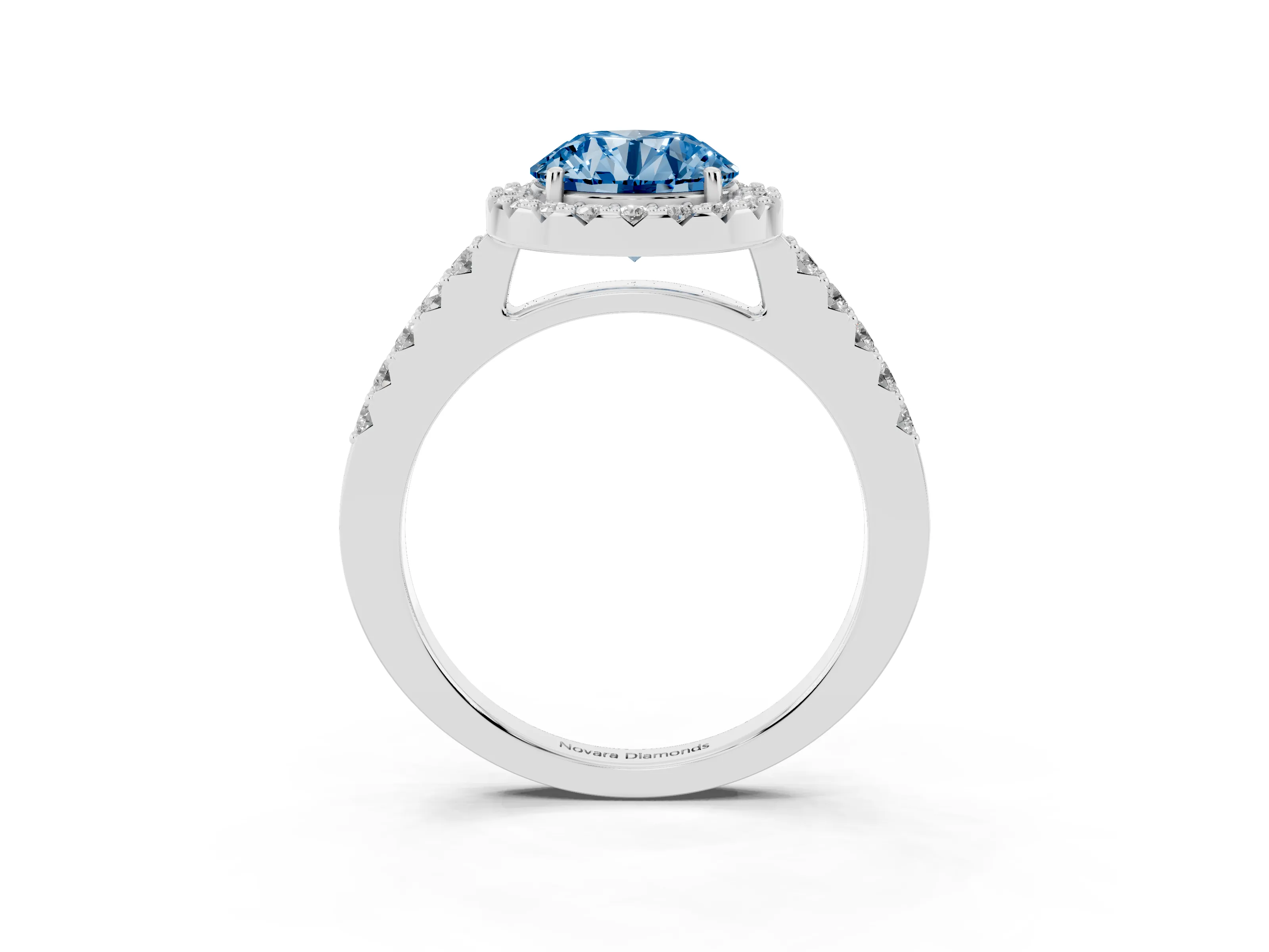 Fancy Blue Round Cut Diamond Halo Pavé Solitaire Ring Set in White gold with Prong-Set Center Stone