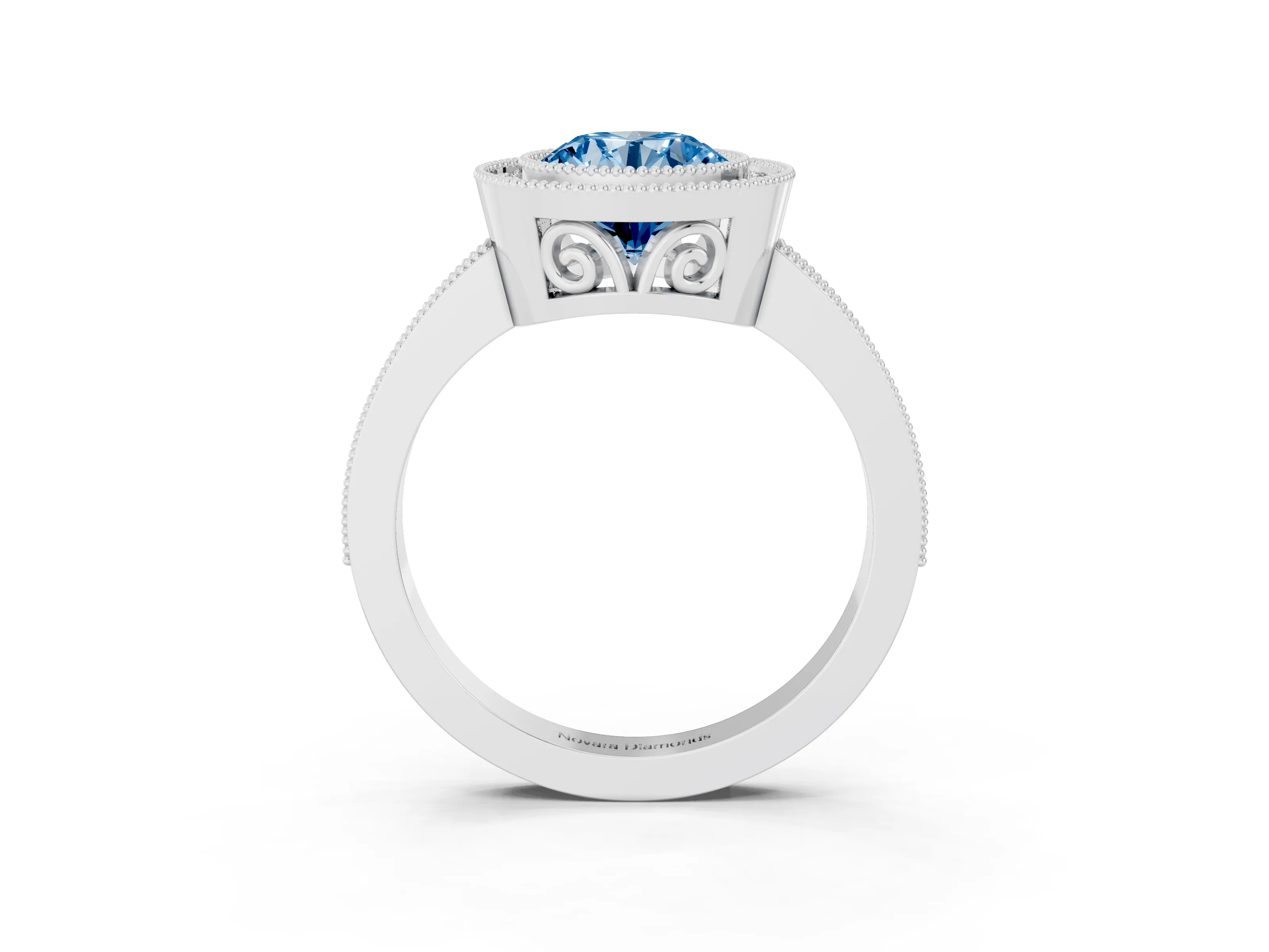 Fancy Blue Round Cut Diamond Halo Ring Set in White gold with Pavé Band and Milgrain-Edged Prongs