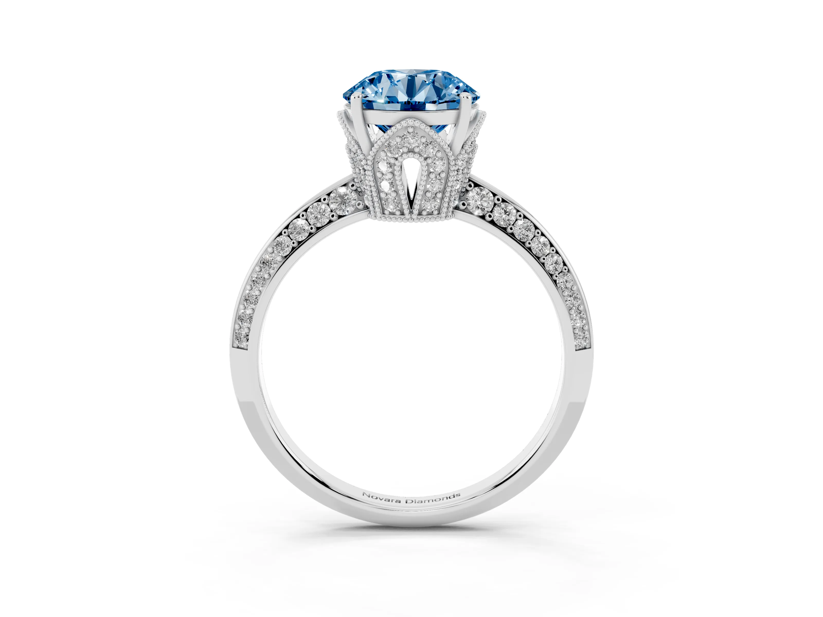Fancy Blue Round Cut Diamond Solitaire Engagement Ring Set in Silver with Pavé Split Shank and Prong Setting