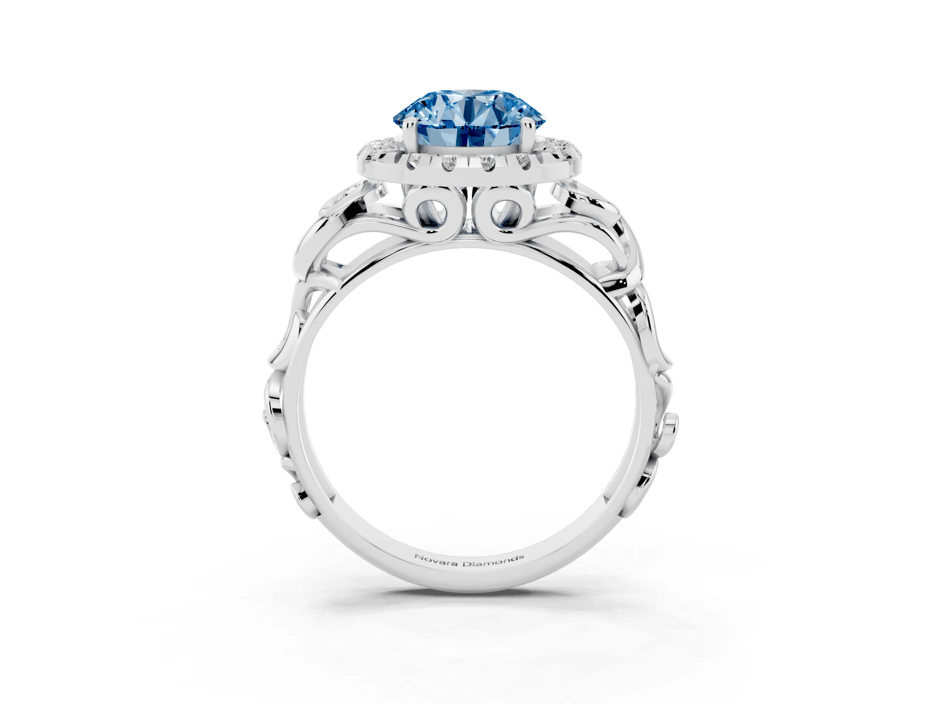 Fancy Blue Round Cut Diamond Halo Ring Set in White gold with Scrollwork Band and Prong Setting