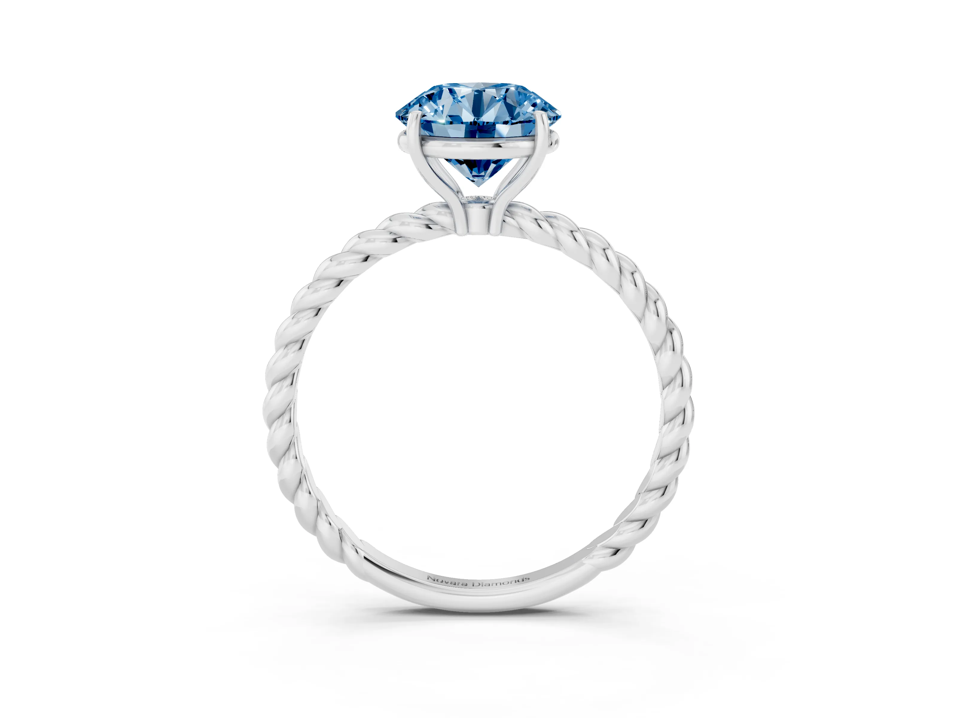 Fancy Blue Round Cut Diamond Solitaire Ring Set in White gold with Twist Band and Prong Setting