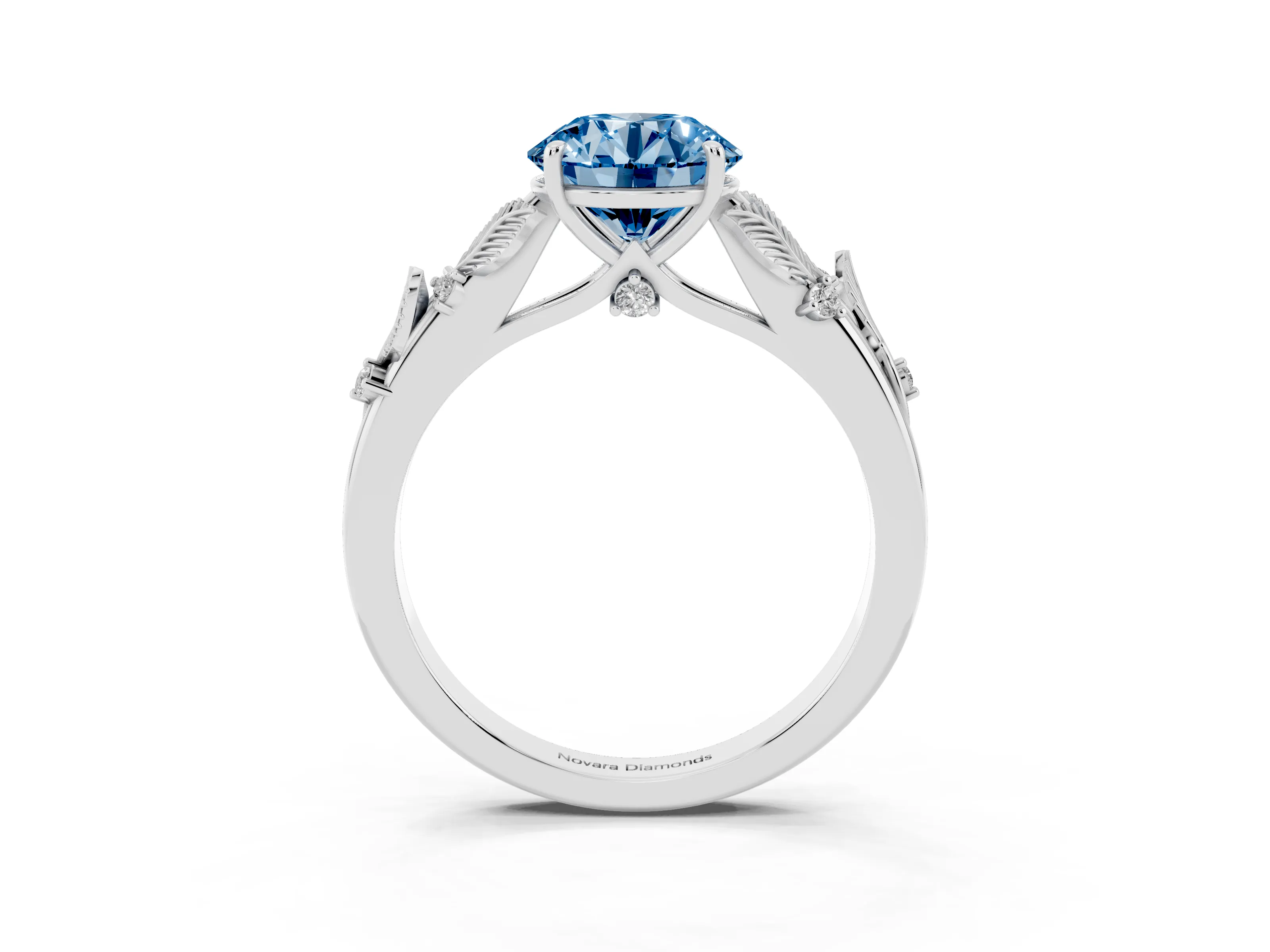Fancy Blue Round Cut Diamond Solitaire Ring Set in White gold with Leaf Motif Band