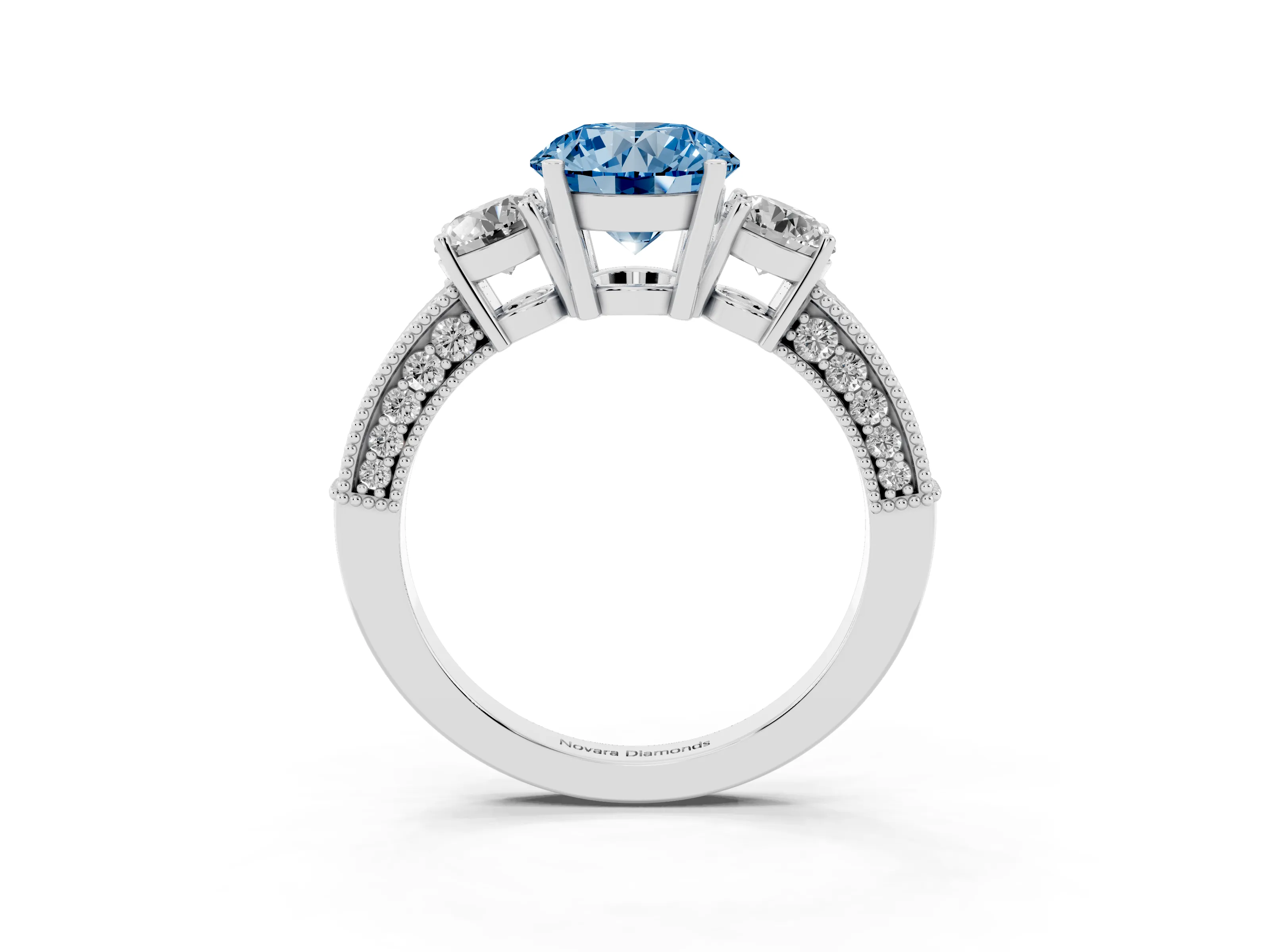 Fancy Blue Round Cut Diamond Three-Stone Ring Set in White gold with Round Side Stones and Pavé Band