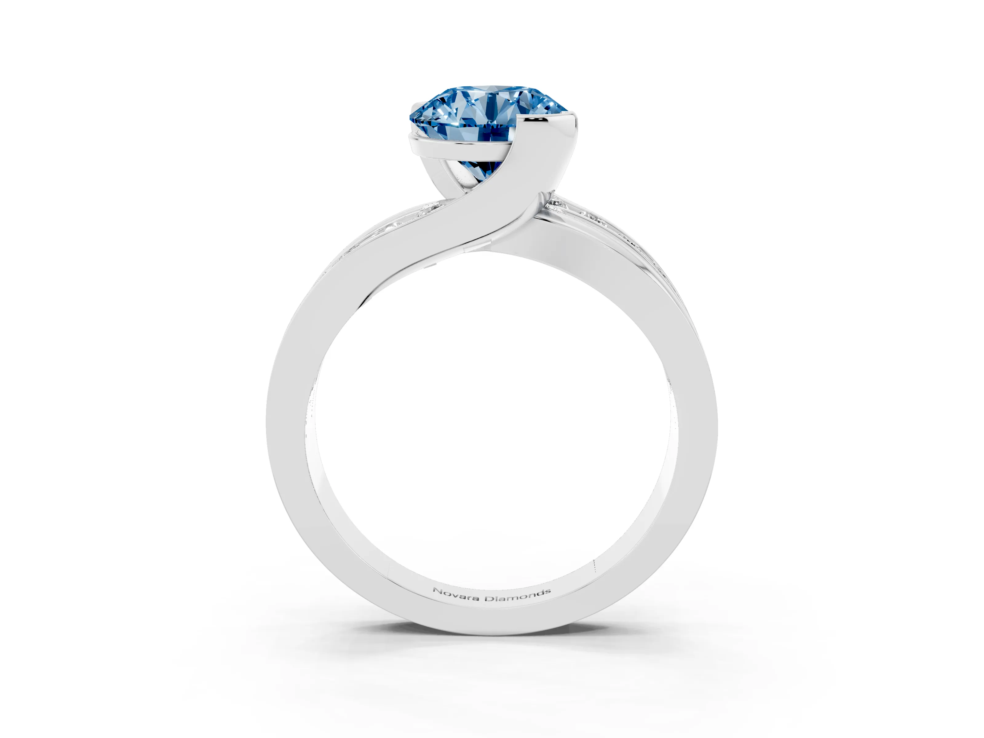 Fancy Blue Round Cut Diamond Solitaire Ring Set in Silver with Channel Set Split Shank and Tension Prongs
