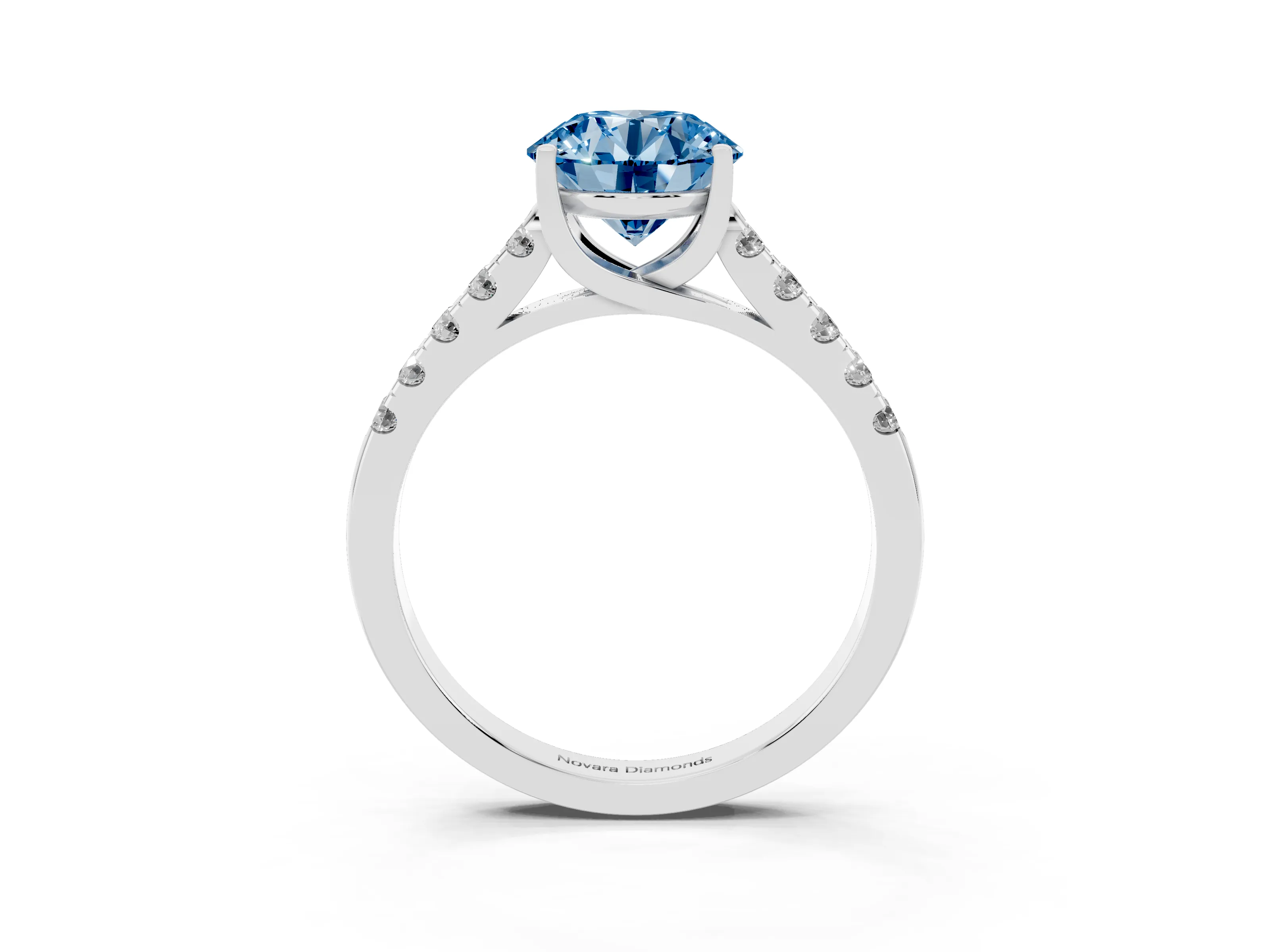 Fancy Blue Round Cut Diamond Pavé Band Solitaire Ring Set in White gold with Partway Accent Stones and Prong Setting