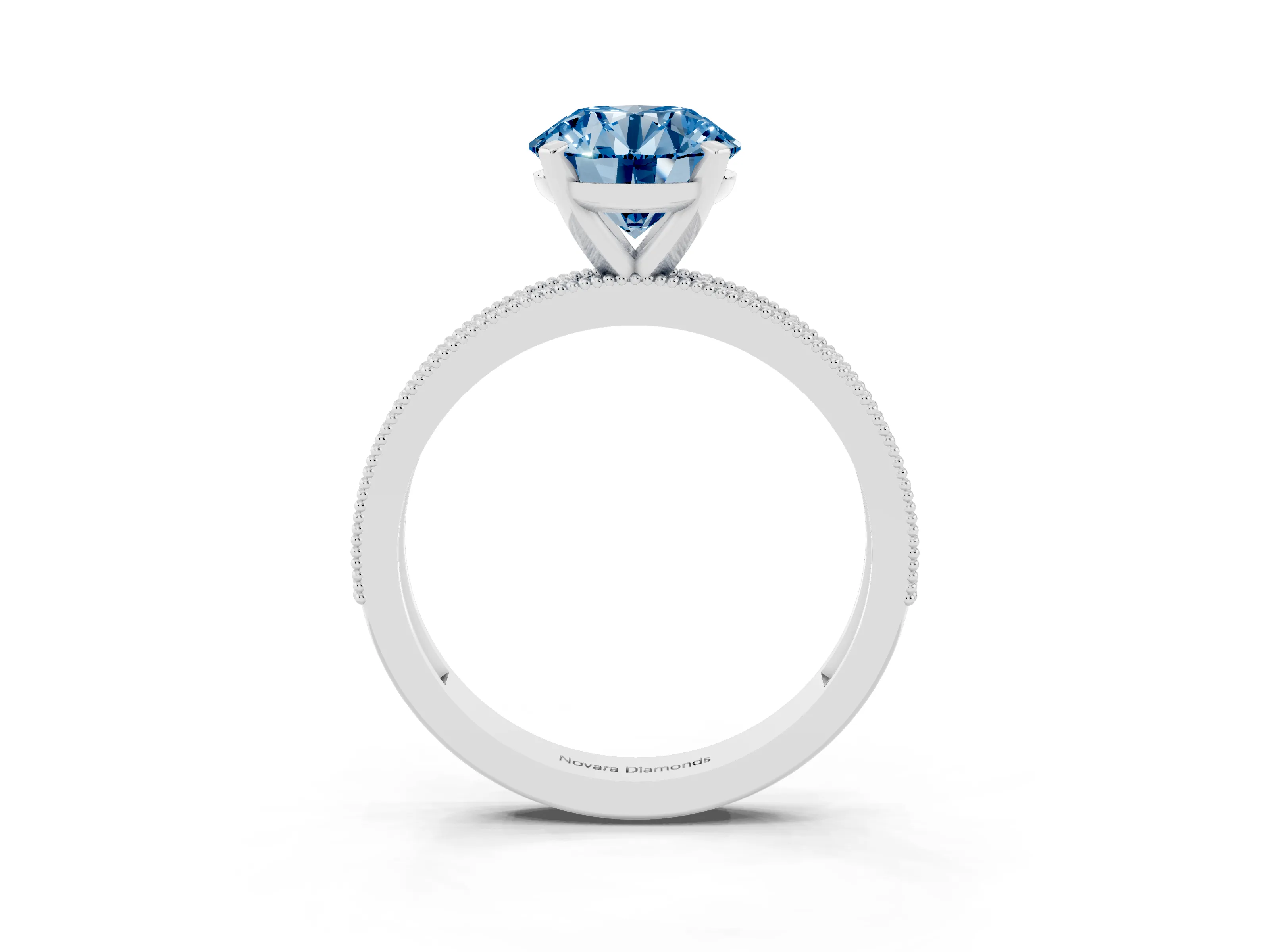 Fancy Blue Round Cut Diamond Milgrain Pavé Engagement Ring Set in Silver with Prong Setting