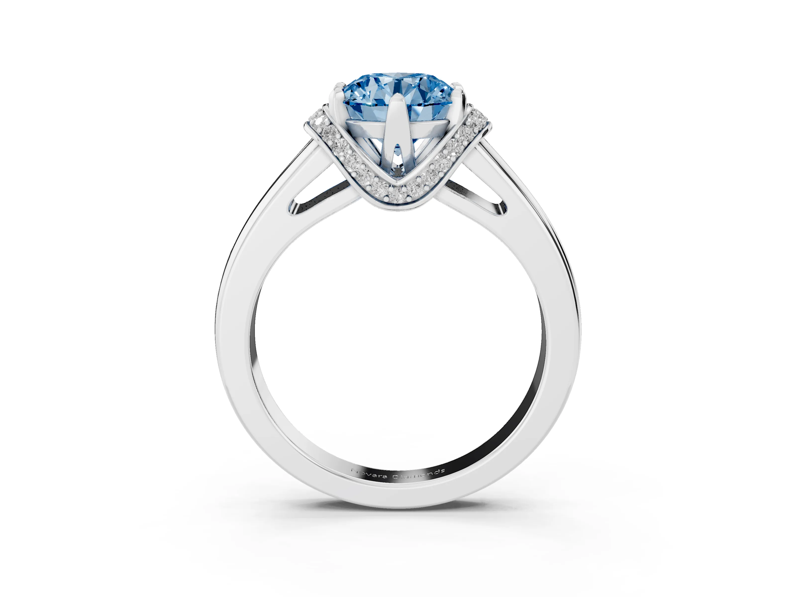 Fancy Blue Round Cut Diamond Pavé Band Solitaire Ring Set in Silver with Prong Setting