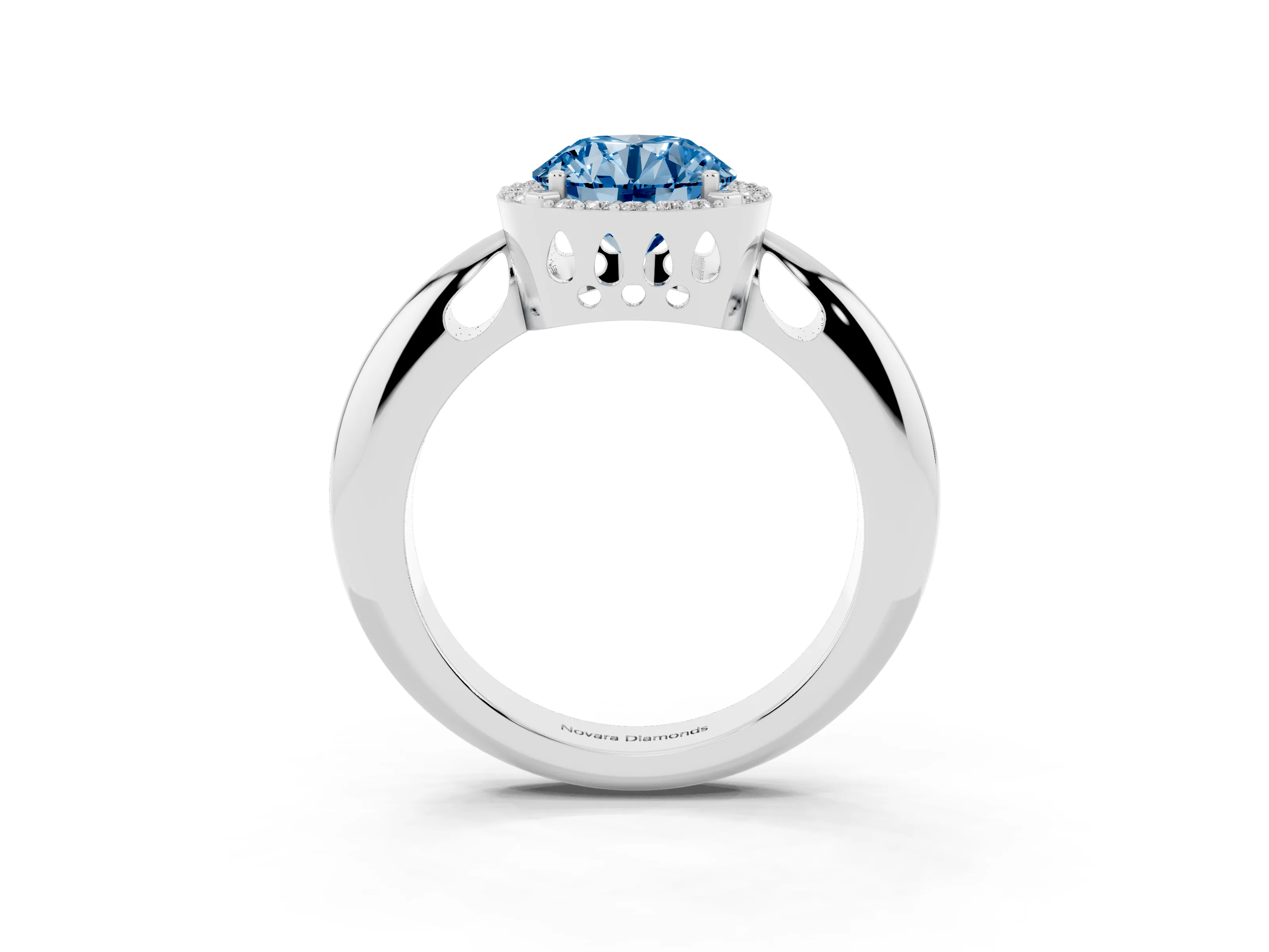 Fancy Blue Round Cut Diamond Halo Engagement Ring Set in Silver with Plain Split Shank and Prong Setting