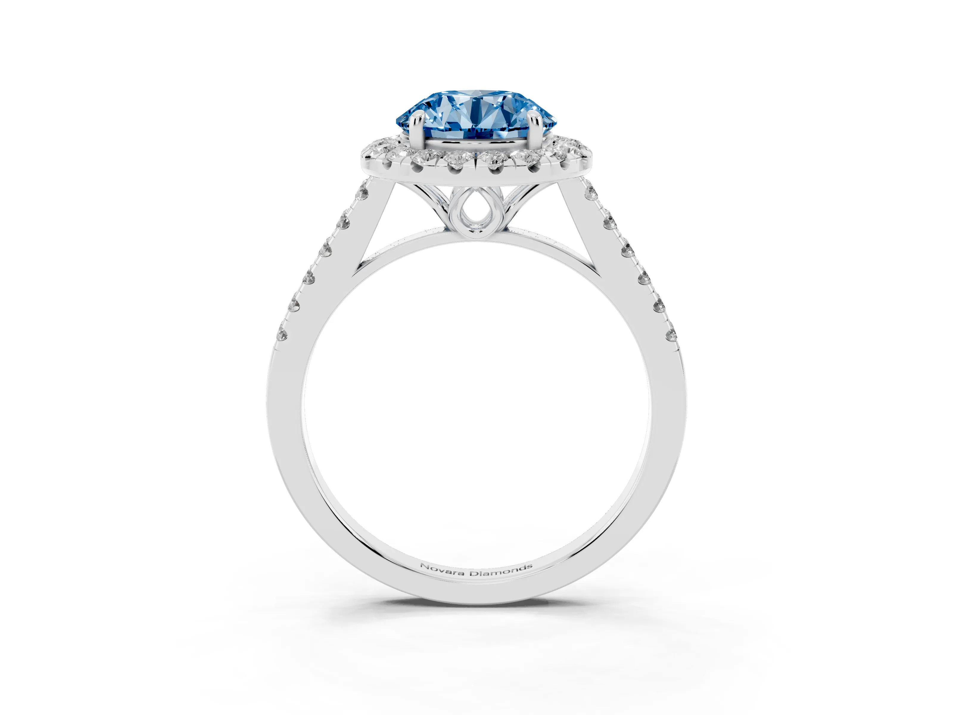 Fancy Blue Round Cut Diamond Pavé Halo Engagement Ring Set in Silver with Pavé Band and Prong Setting