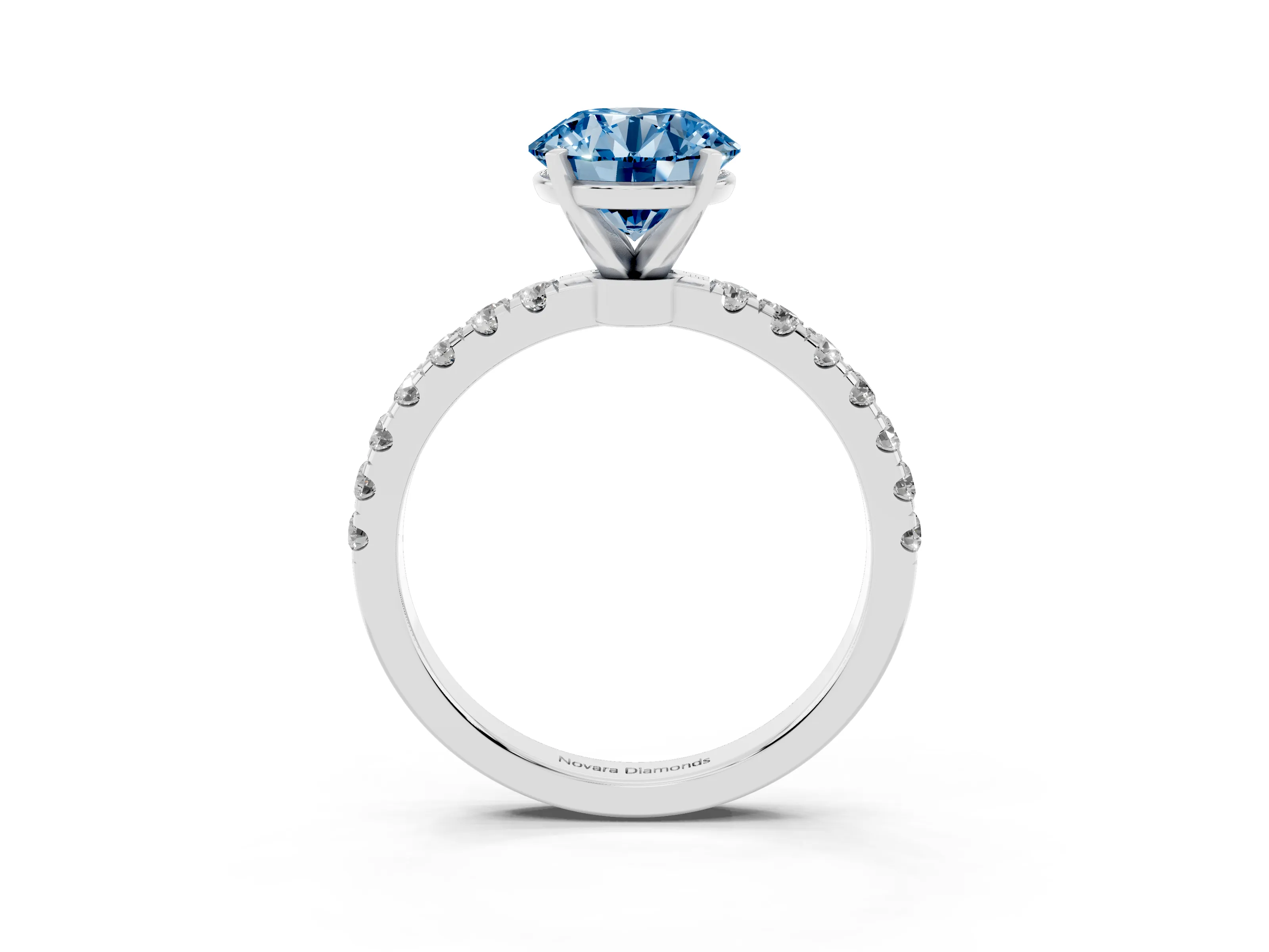 Fancy Blue Round Cut Diamond Solitaire Ring Set in Silver with Pavé Accents and Prong Setting