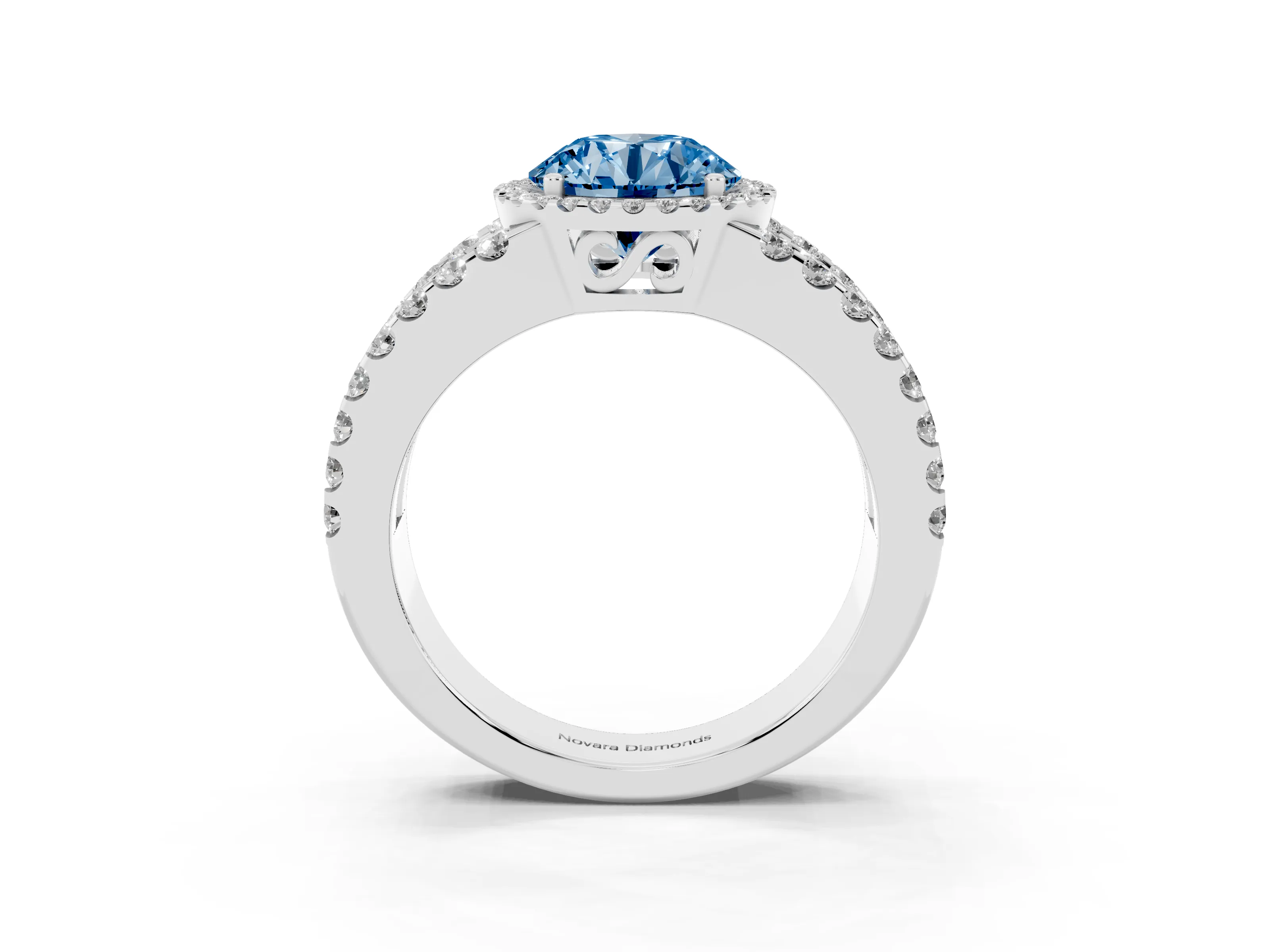 Fancy Blue Round Cut Diamond Halo Ring Set in Silver with Pavé Split Shank and Prong Setting
