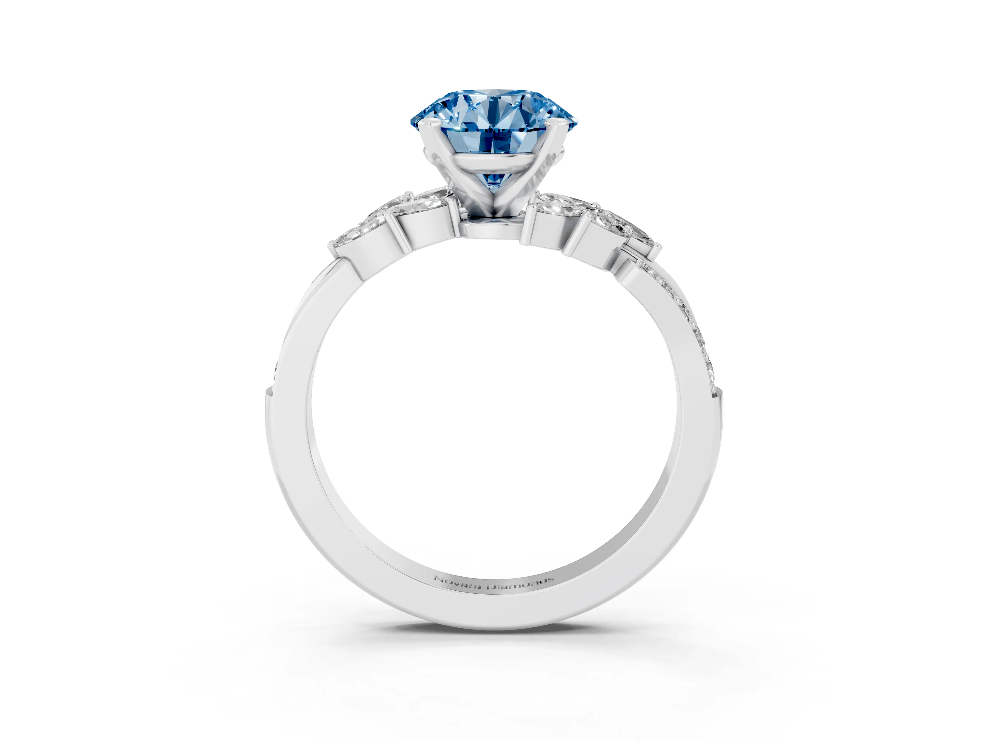Fancy Blue Round Cut Diamond Solitaire Ring Set in Silver with Marquise Twist Band and Prong Setting