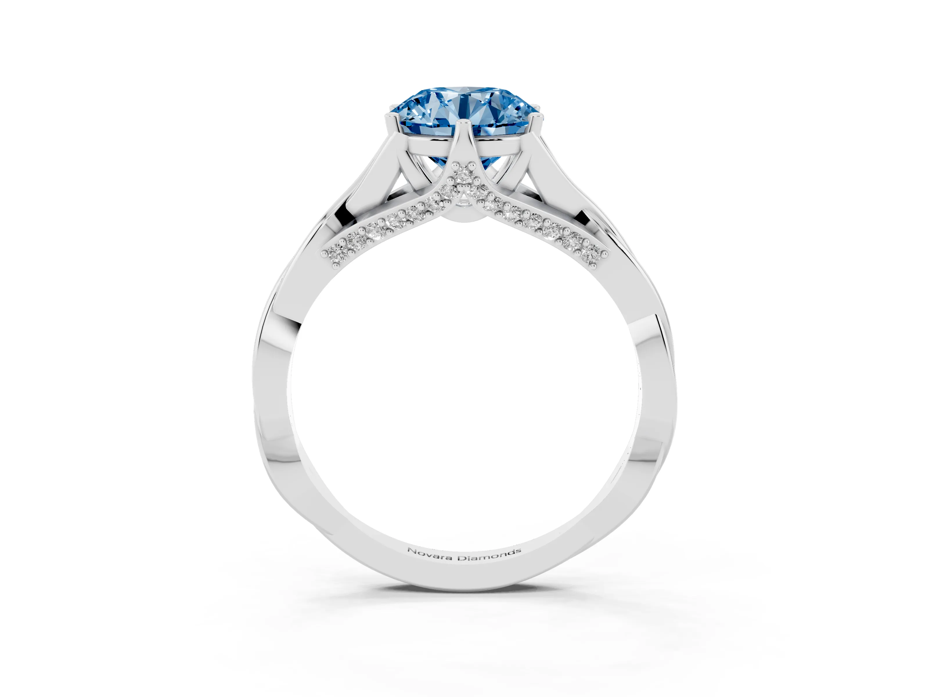 Fancy Blue Round Cut Diamond Intertwined Twist Band Solitaire Ring Set in White gold with Prong Setting