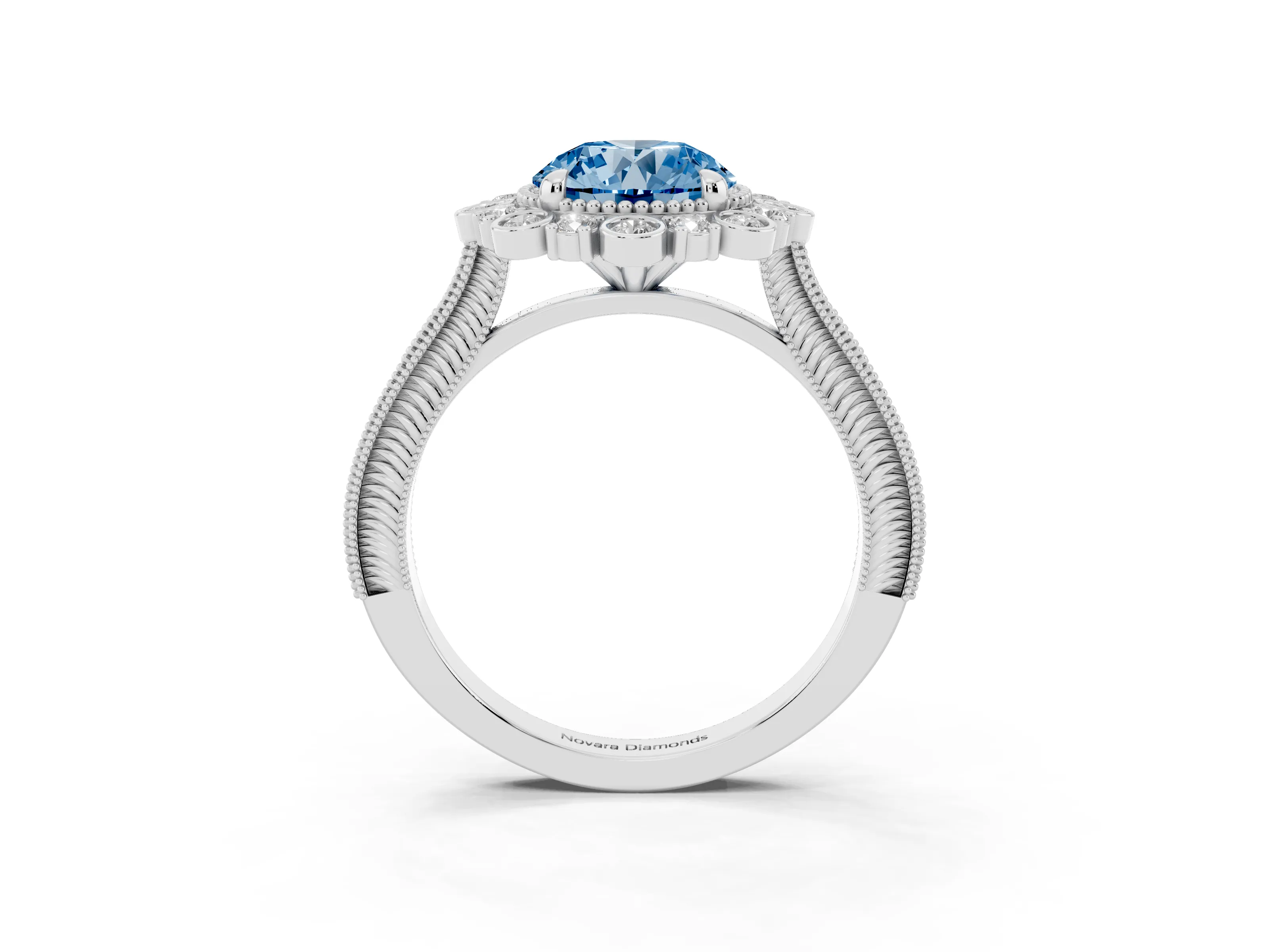 Fancy Blue Round Cut Diamond Halo Milgrain Pavé Ring Set in White gold with Prong Setting