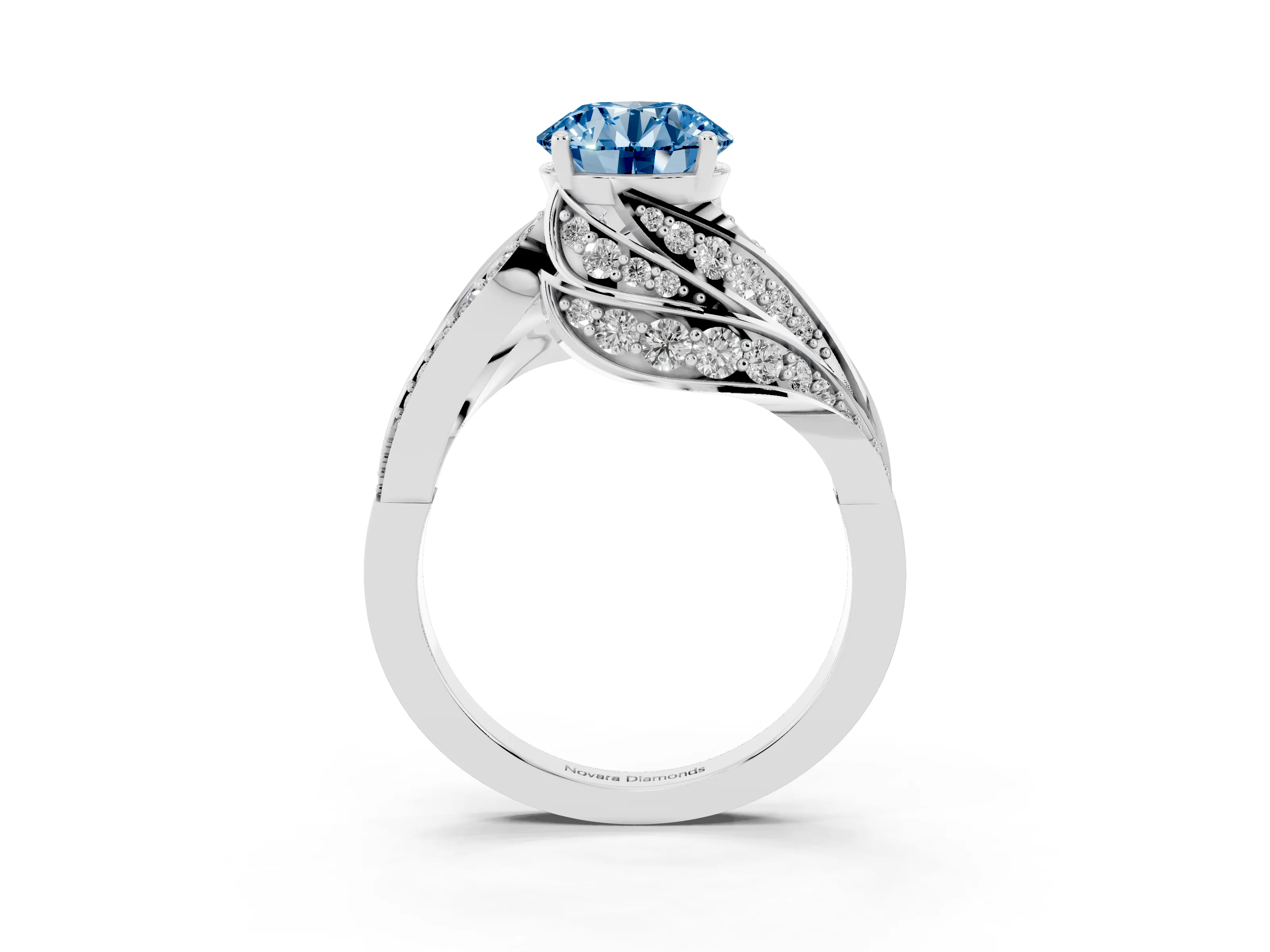 Fancy Blue Round Cut Diamond Solitaire Ring Set in Silver with Layered Twist Pavé Band