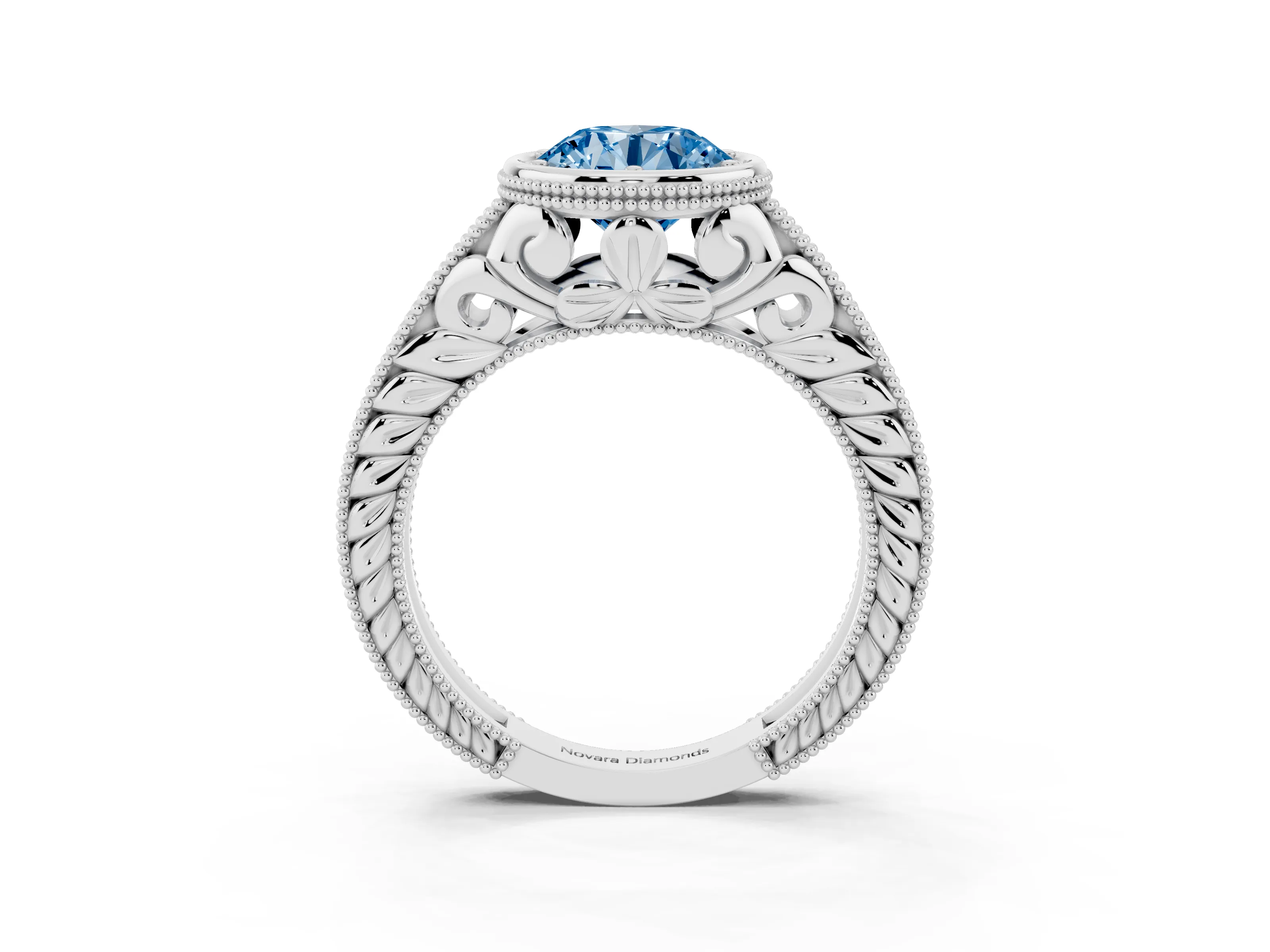 Fancy Blue Bezel Set Round Cut Diamond Milgrain Pavé Engagement Ring Set in Silver