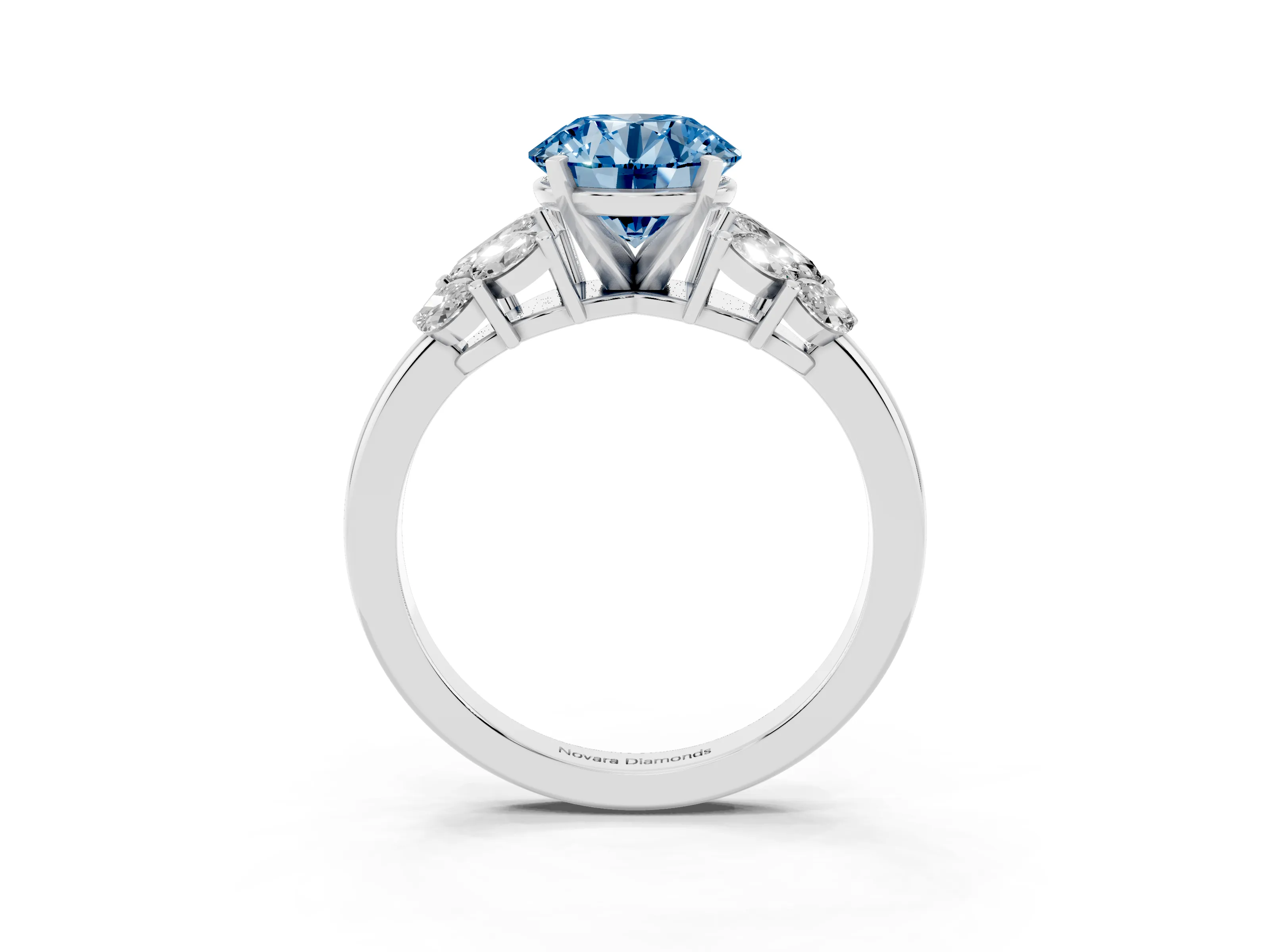 Fancy Blue Round Cut Diamond Cluster Leaf Design Ring Set in Silver with Prong Setting