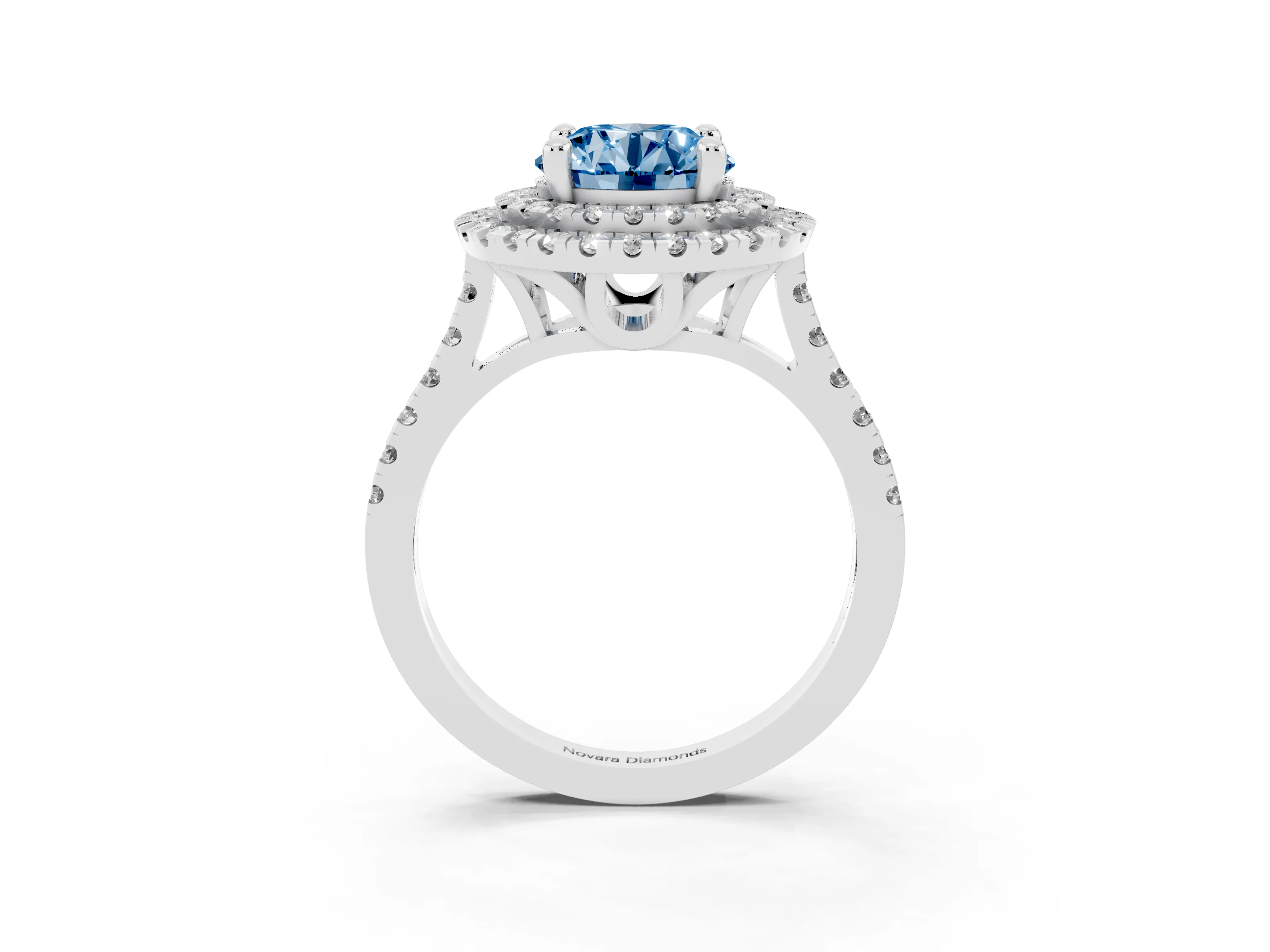 Fancy Blue Round Cut Diamond Double Halo Statement Ring Set in White gold with Pavé Band