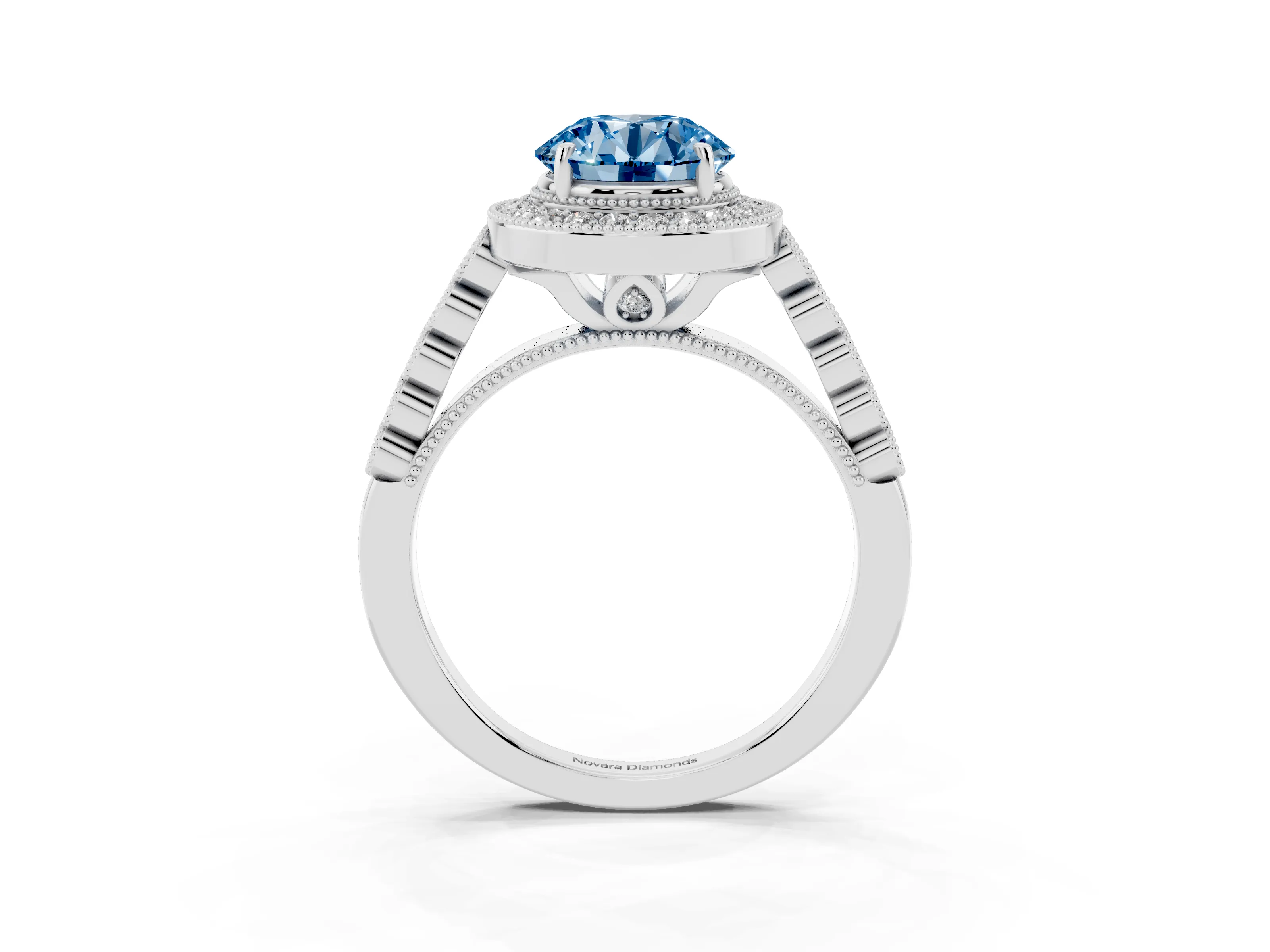 Fancy Blue Round Cut Diamond Milgrain Halo Solitaire Ring Set in White gold with Bezel Set Side Stones and Pavé Band