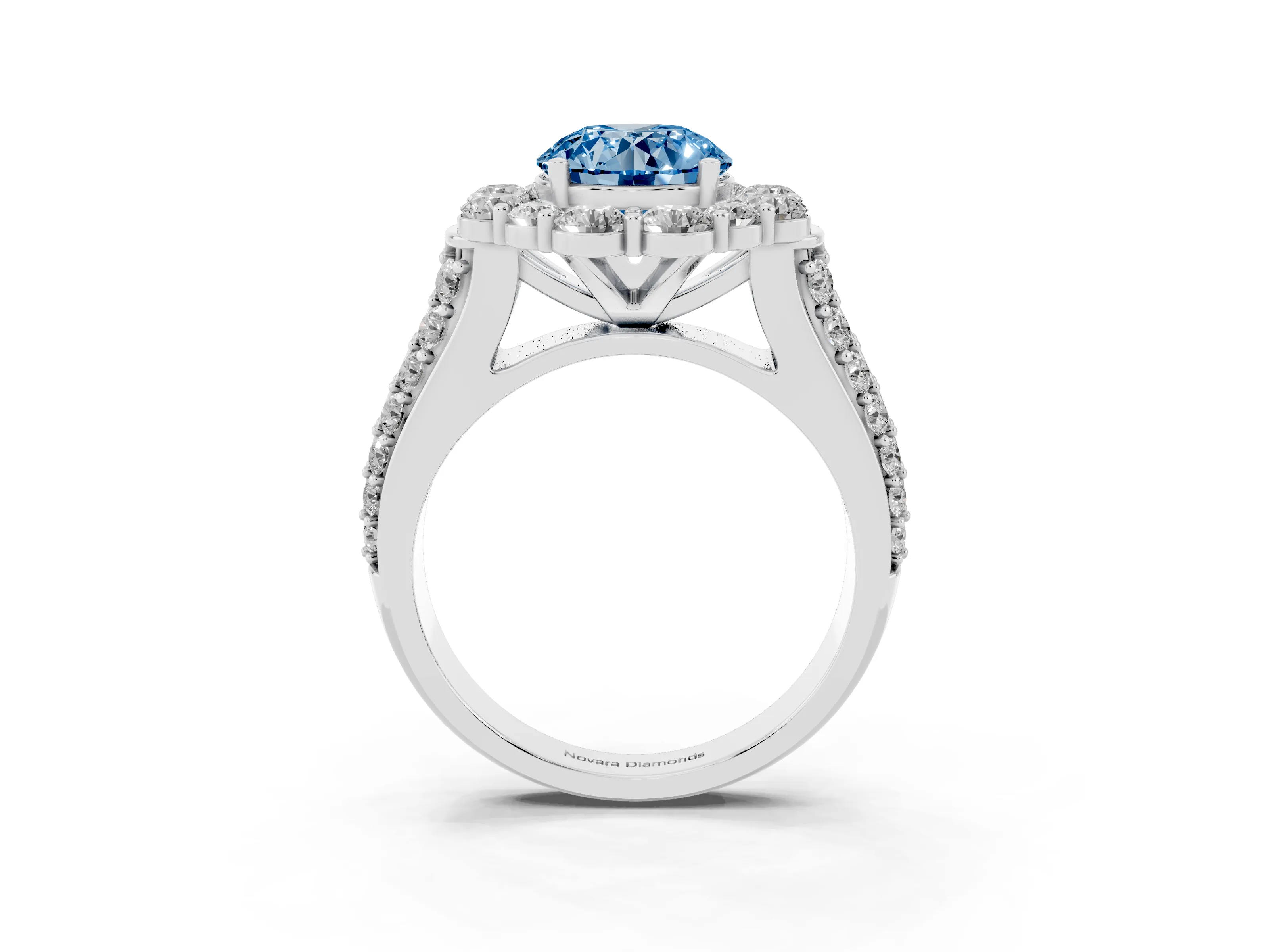 Fancy Blue Round Cut Diamond Halo Engagement Ring Set in Platinum with Split Shank and Prong Setting