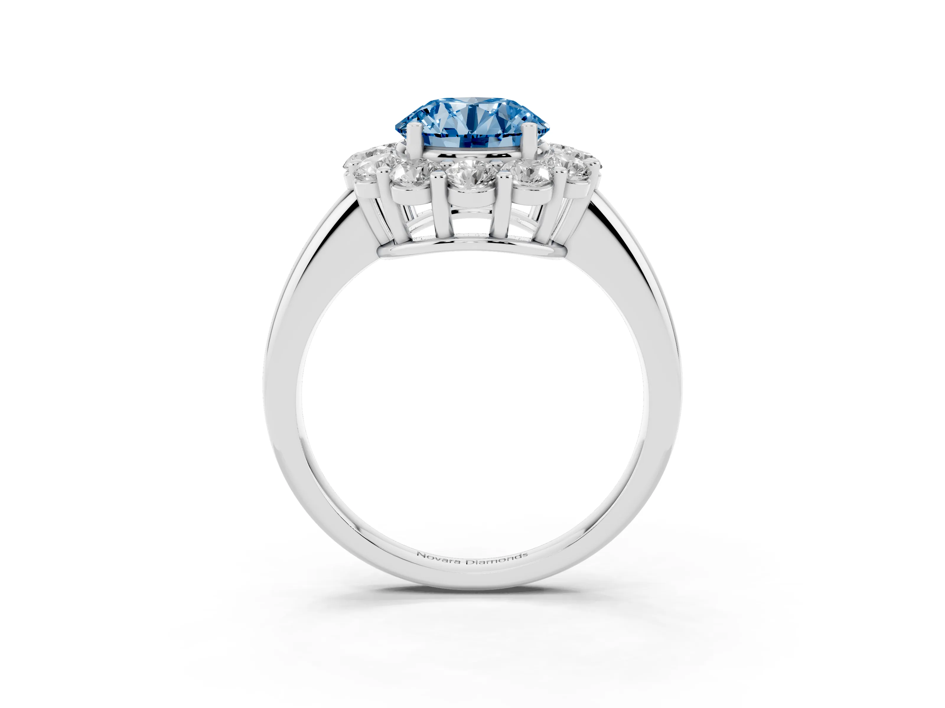 Fancy Blue Round Cut Diamond Halo Cluster Engagement Ring Set in Silver with Polished Band and Prong Setting