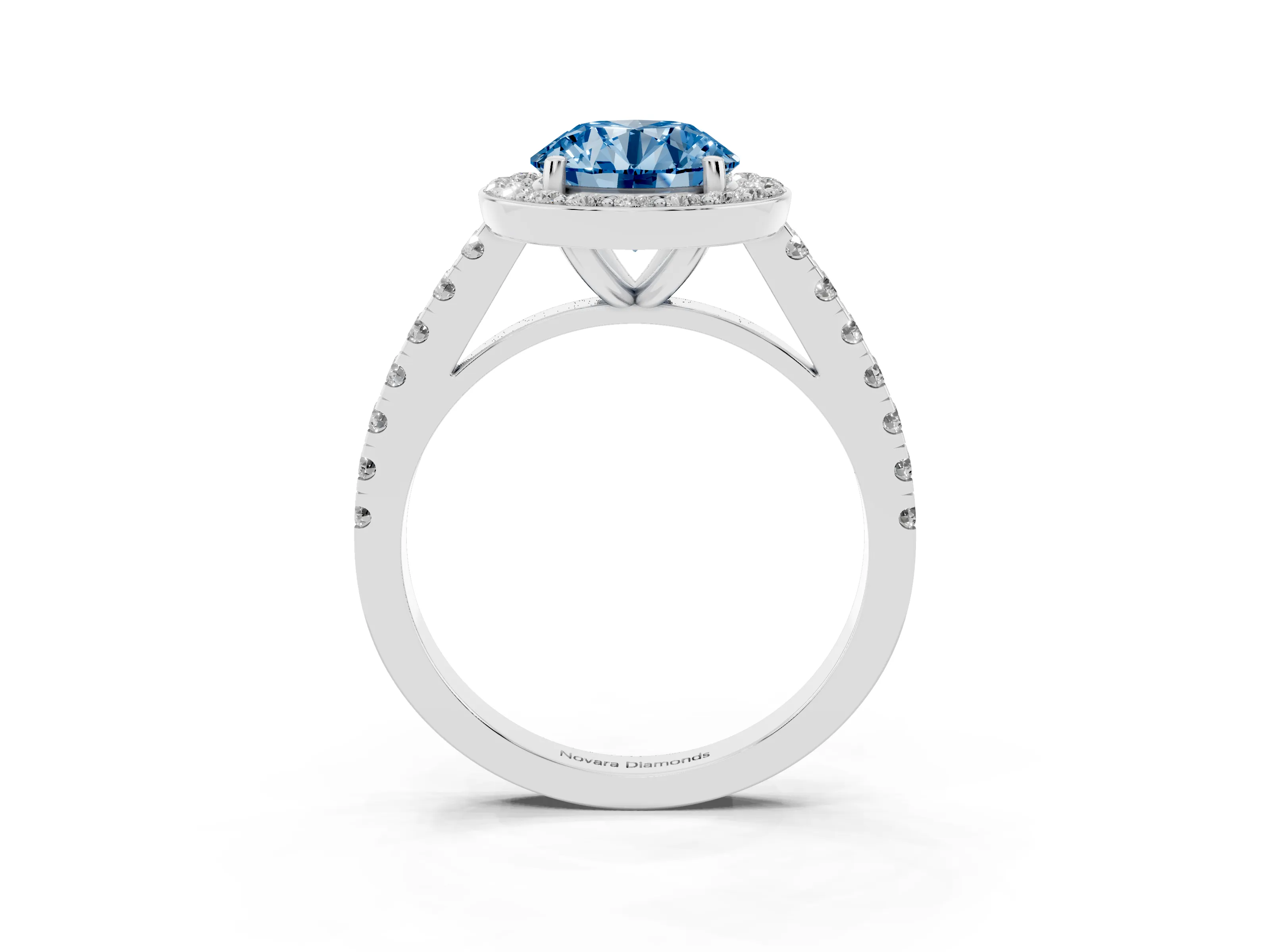Fancy Blue Round Cut Diamond Halo Ring Set in Platinum with Round Pavé Split Shank and Prong Setting