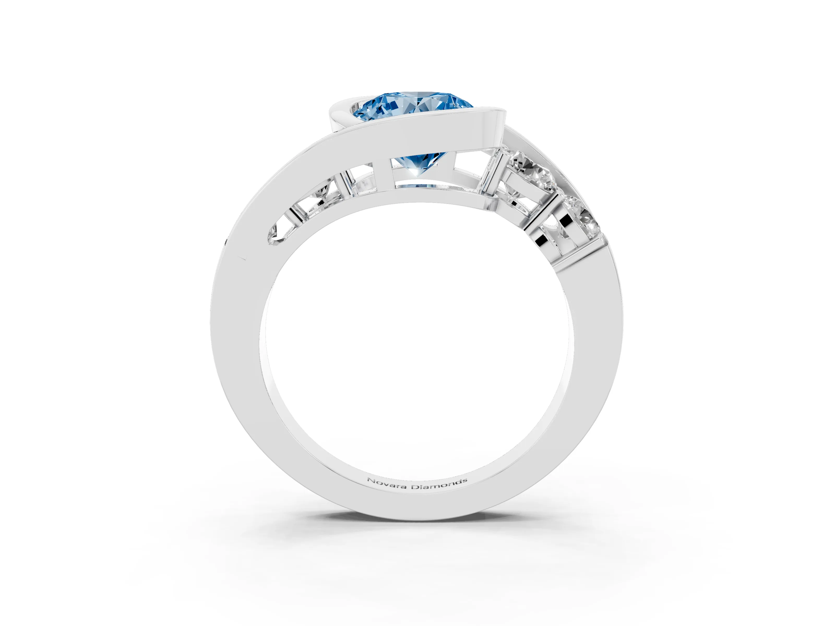 Fancy Blue Round Cut Diamond Bezel Bypass Ring Set in Platinum with Round Accents