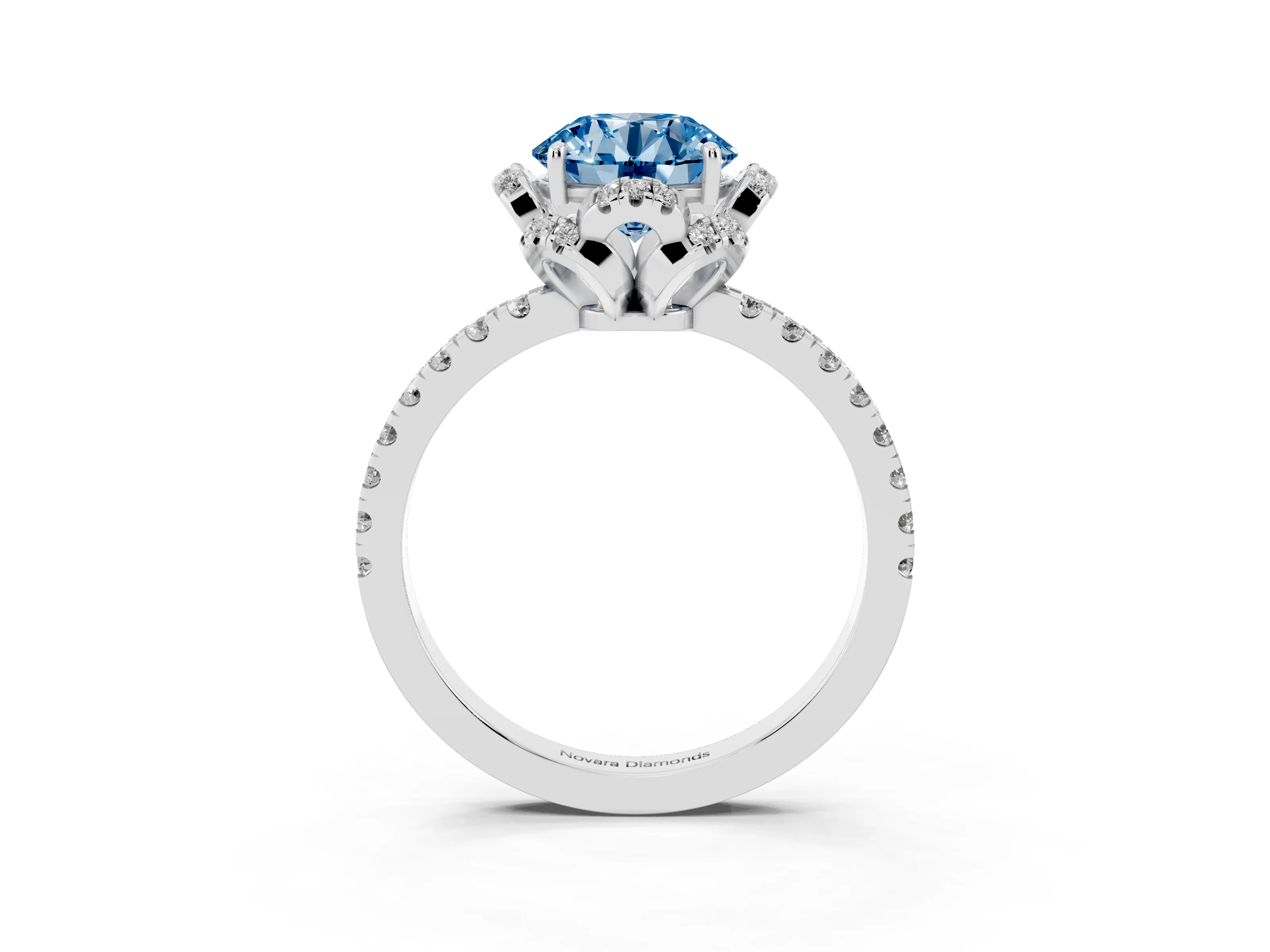Fancy Blue Round Cut Diamond Halo Pavé Band Ring Set in Platinum with Prong-Held Center