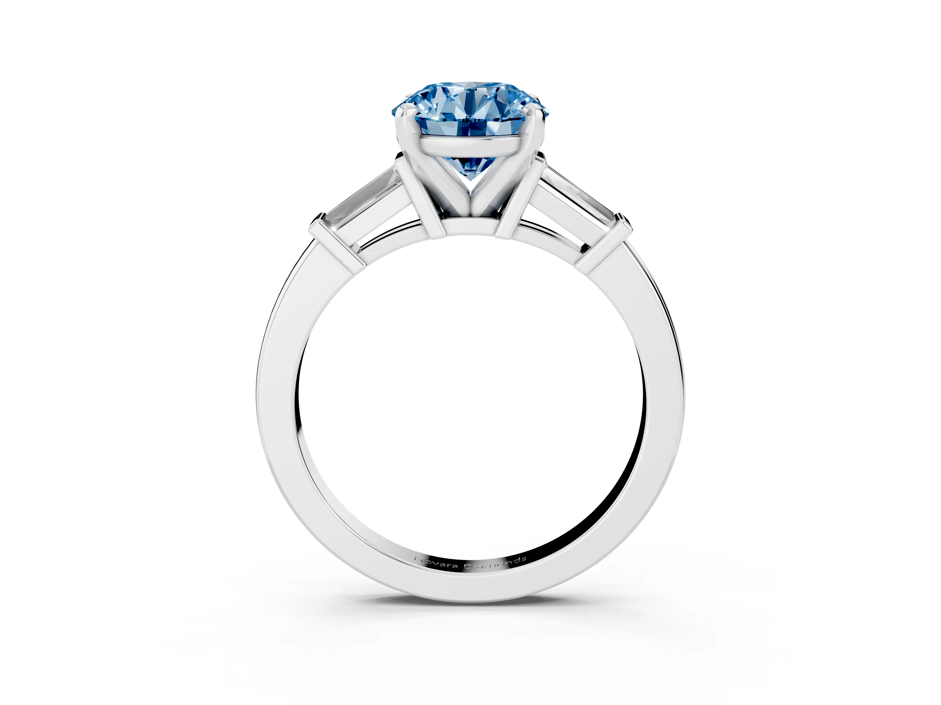 Fancy Blue Round Cut Diamond Solitaire Ring Set in White gold with Tapered Baguette Accents and Prong Setting