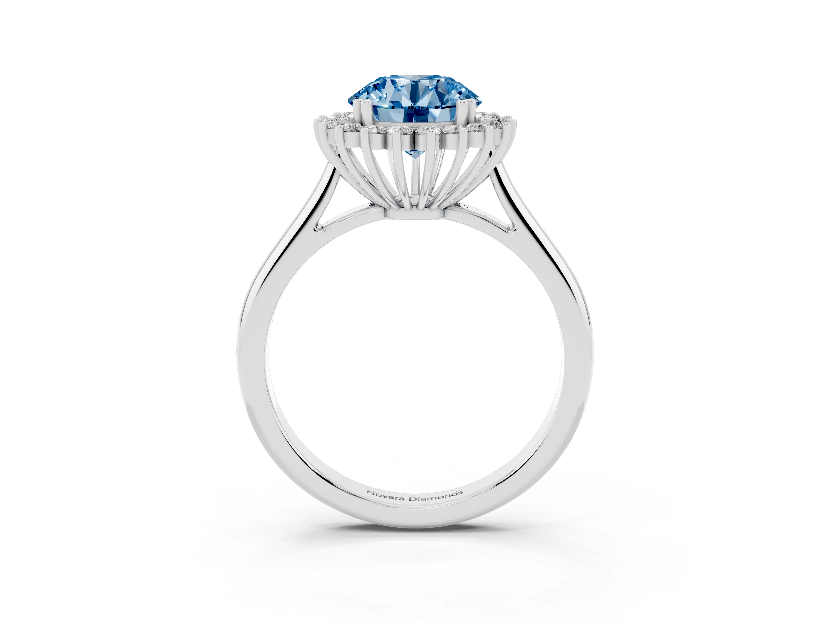 Fancy Blue Round Cut Diamond Halo Ring Set in Platinum with Plain Solitaire Band and Prong Setting