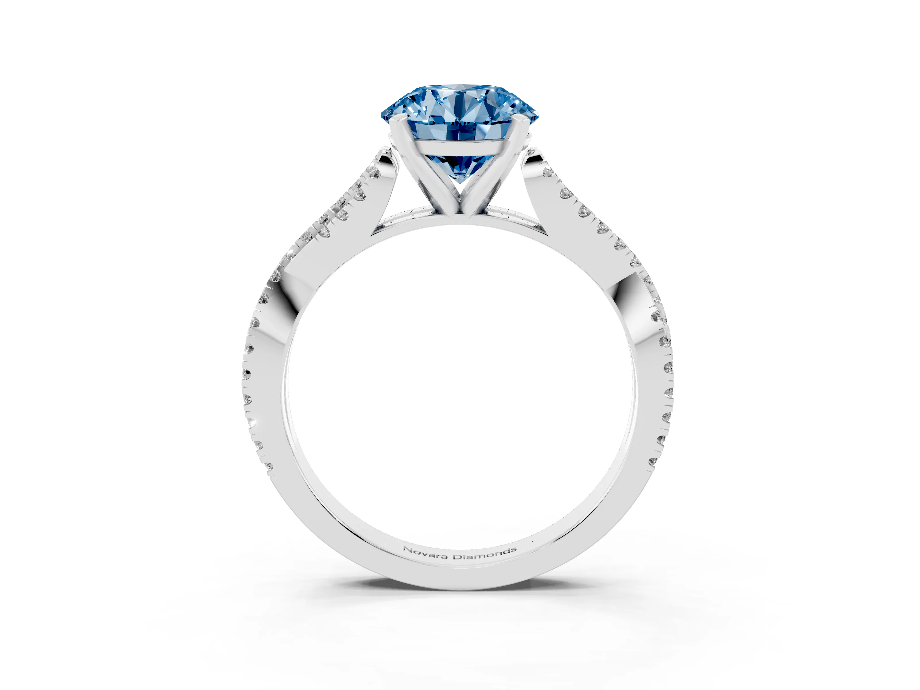 Fancy Blue Round Cut Diamond Solitaire Engagement Ring Set in Platinum with Twisted Pavé Band and Prong Setting