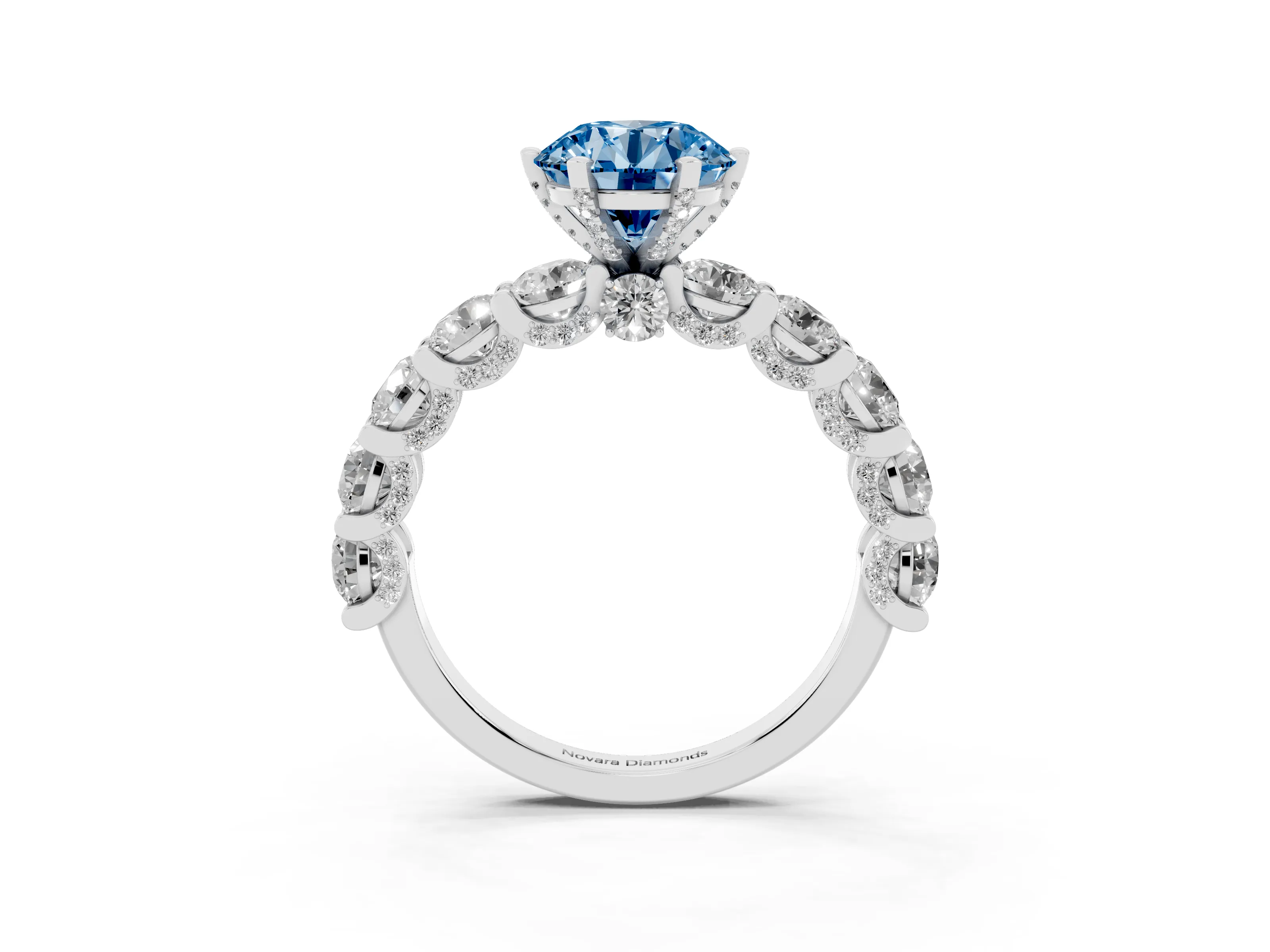 Fancy Blue Round Cut Diamond Side Stone Ring Set in White gold with Alternating Round and Oval Side Stones