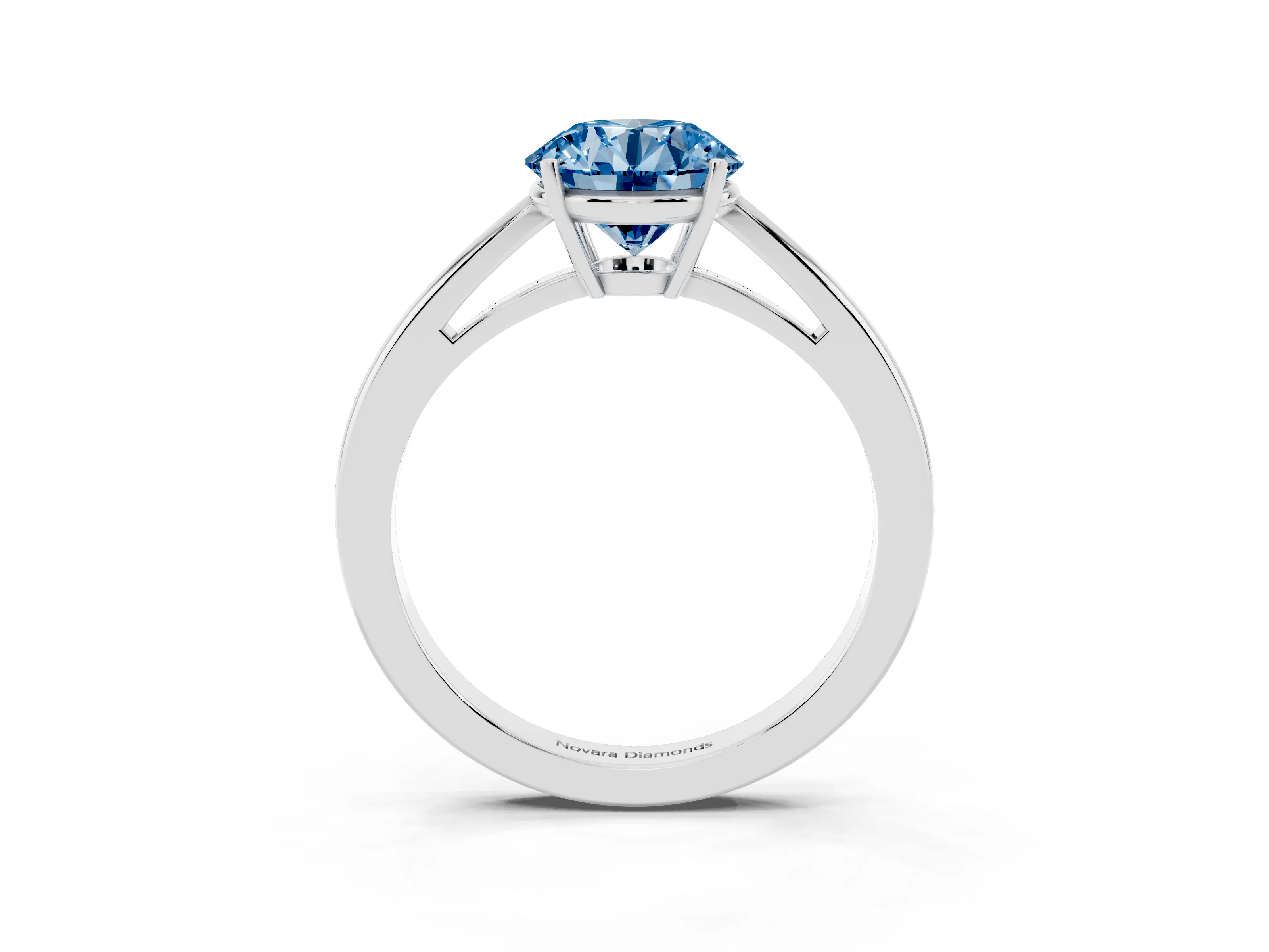 Fancy Blue Round Cut Diamond Solitaire Ring Set in Silver with Split Shank and Prong Setting