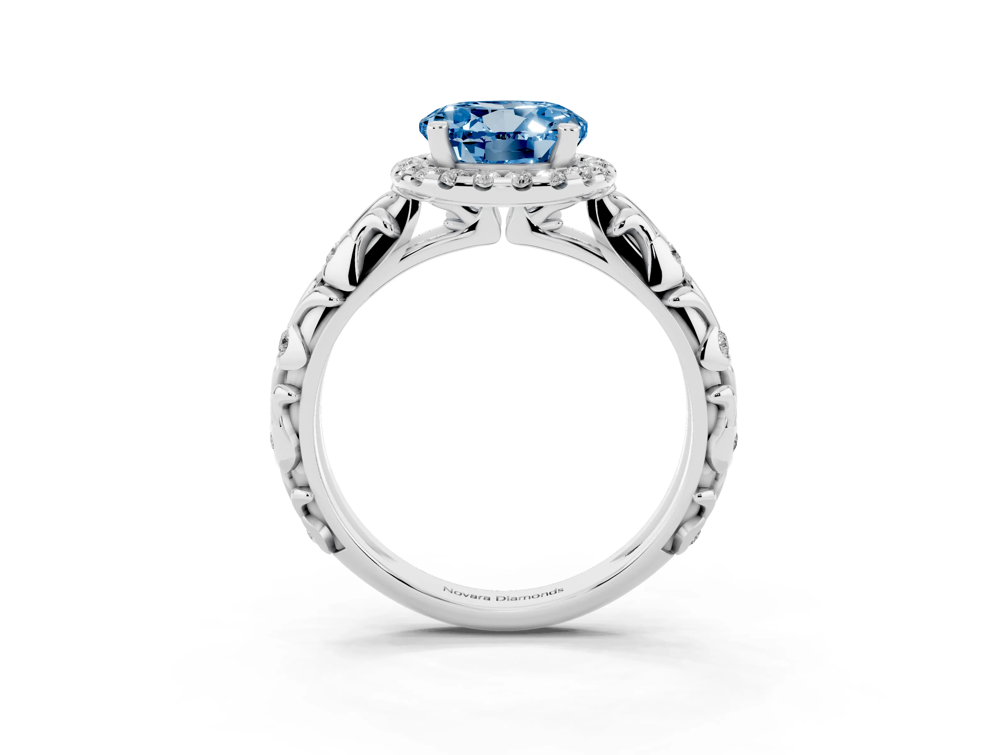 Fancy Blue Round Cut Diamond Halo Ring Set in Platinum with Filigree Leaf Band and Prong Setting
