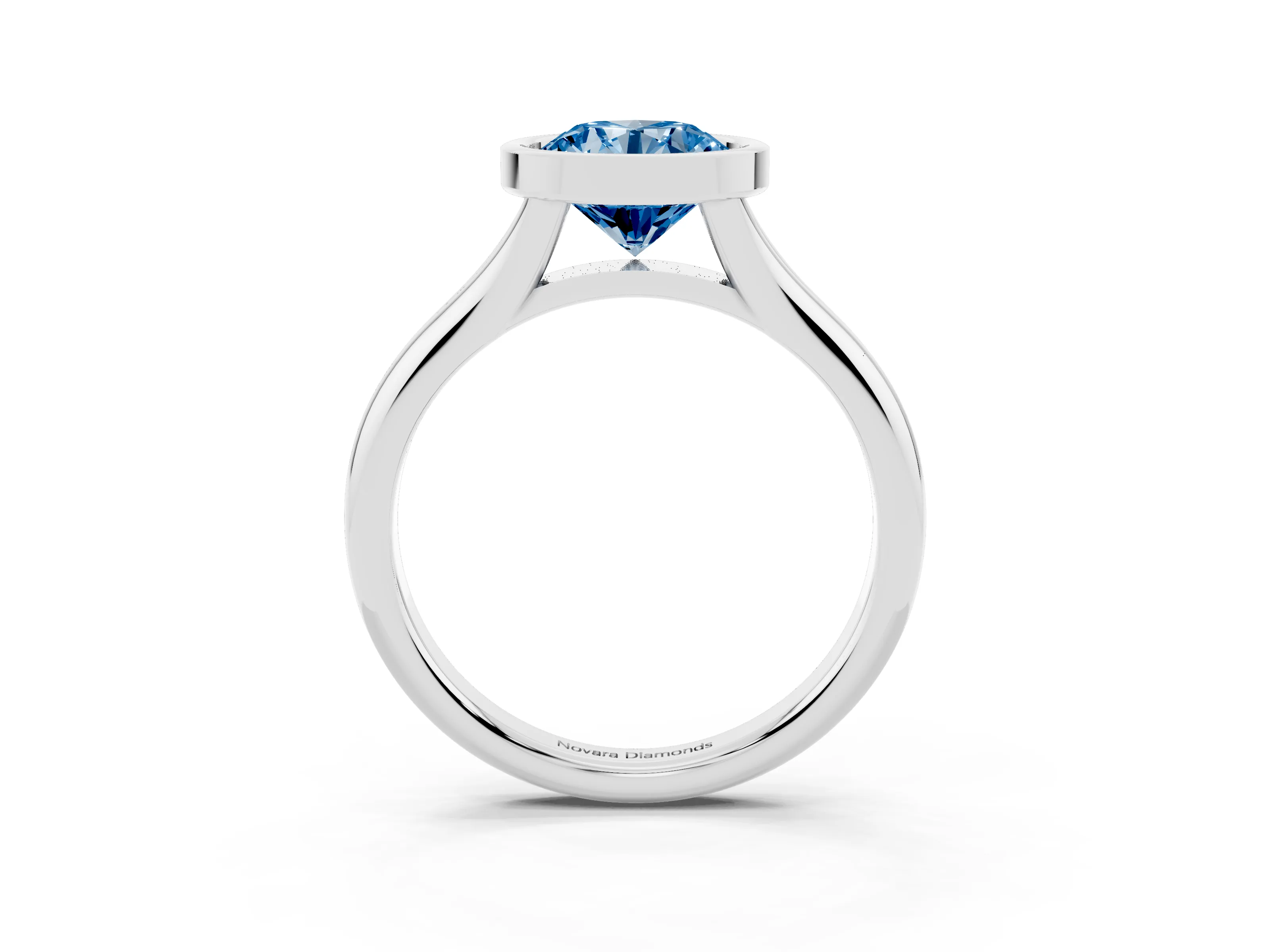 Fancy Blue Bezel Set Round Cut Diamond Solitaire Ring Set in Platinum with Smooth Band