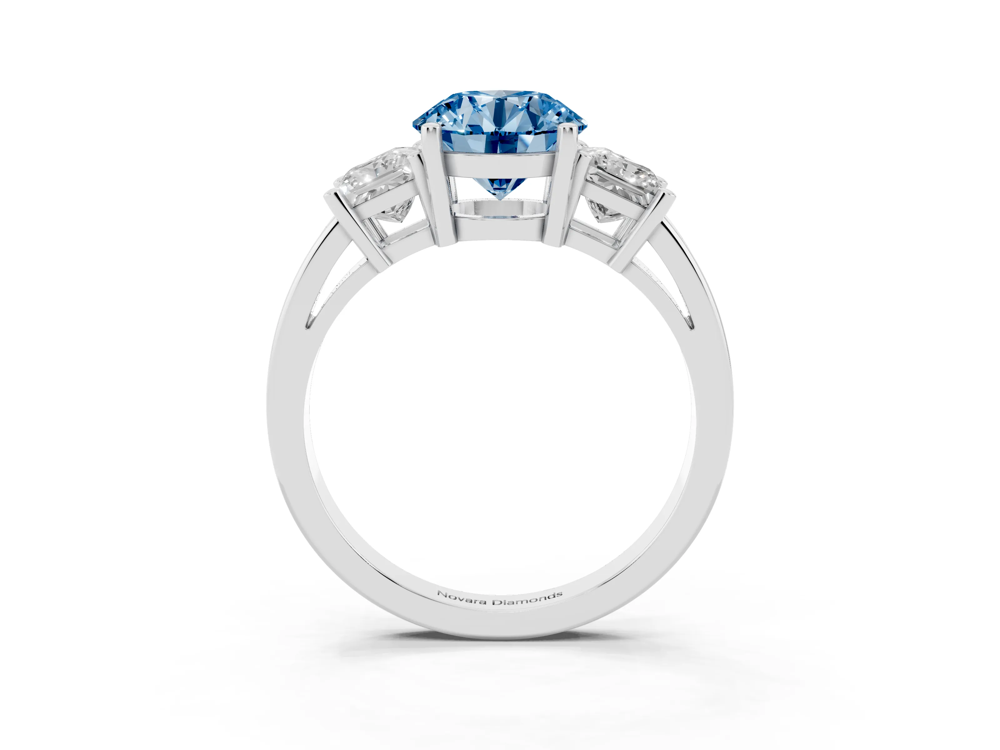Fancy Blue Three-Stone Round Cut Diamond Solitaire Ring Set in Silver with Prong Setting
