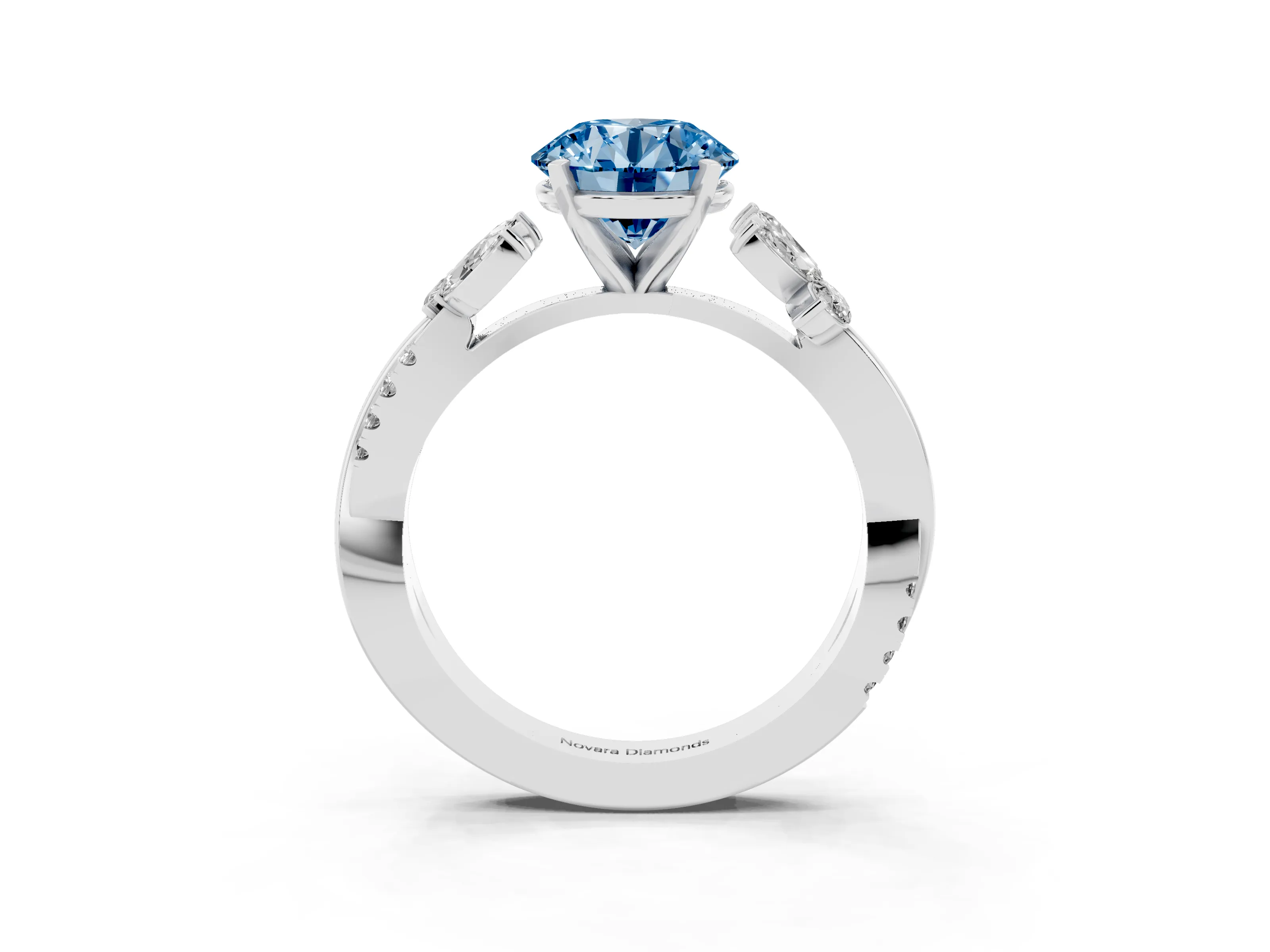 Fancy Blue Round Cut Diamond Floral Vine Solitaire Engagement Ring Set in Silver with Marquise Leaves