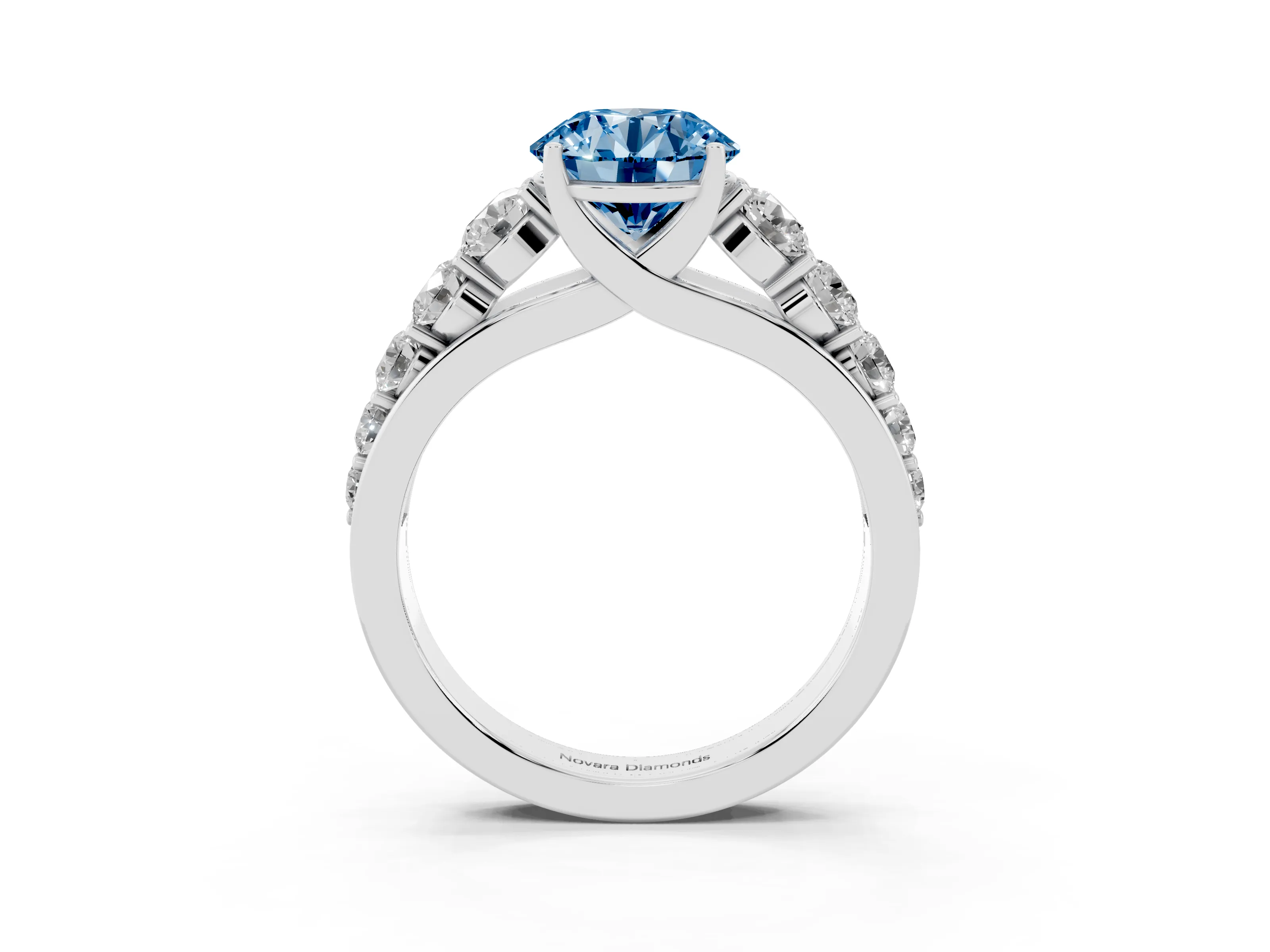 Fancy Blue Round Cut Diamond Solitaire Ring Set in Silver with Pavé-Set Band and Prong Setting