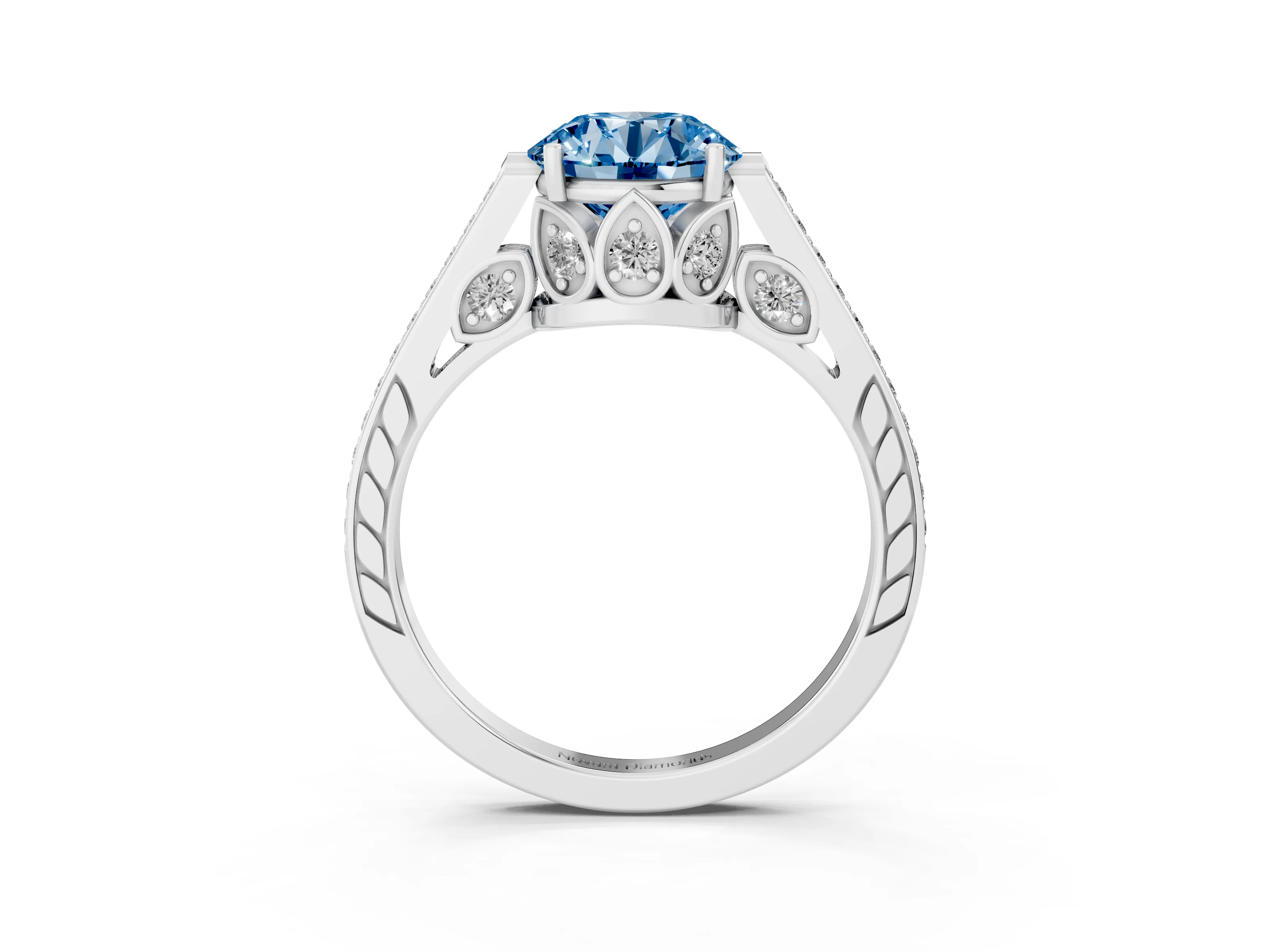 Fancy Blue Round Cut Diamond Cathedral Pavé Engagement Ring Set in Silver with Prong Setting